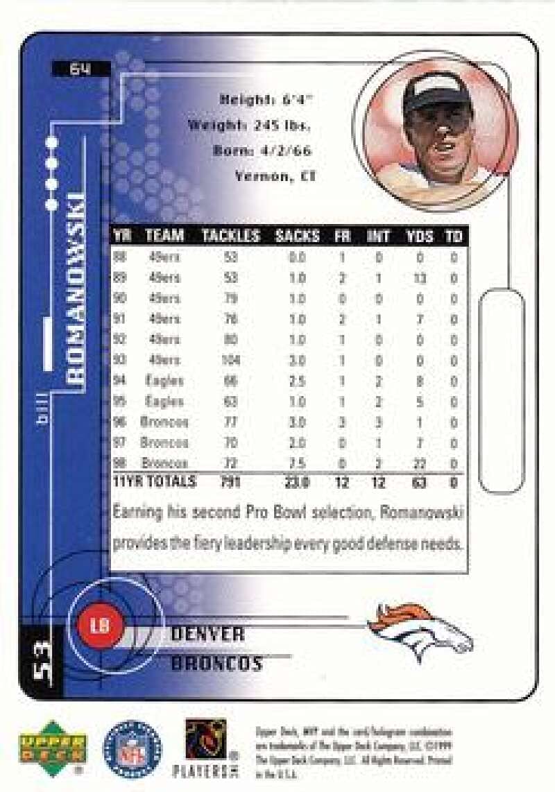 1999 Upper Deck MVP #64 Bill Romanowski Denver Broncos NFL Football Trading Card - NM or Better Condition - Perfect for Collectors, Fans, and Sports Memorabilia Enthusiasts