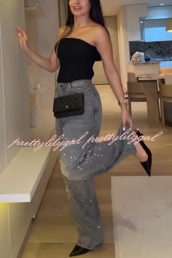 Fashion Star Rhinestone High Rise Casual Pocket Straight Loose Jeans for Women - Trendy Distressed Denim Pants with Stretch Comfort, Perfect for Daily Wear, Parties & Date Nights