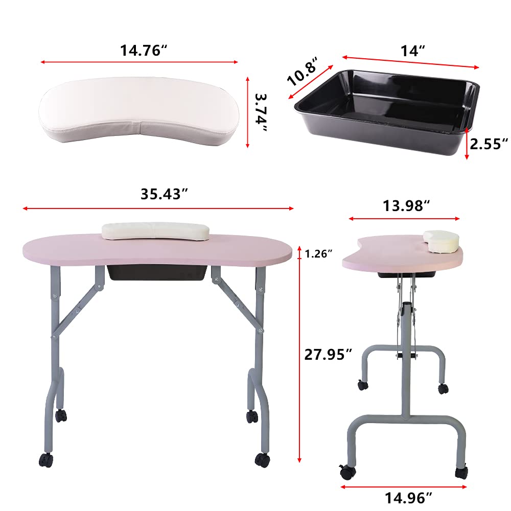 Portable Foldable Nail Salon Table with Large Drawer - 36 Inch Pink Manicure Station for Professionals | Includes Wrist Cushion, Carry Bag & 4 Lockable Wheels | Perfect for Home Salons, Mobile Nail Technicians & Spa Businesses