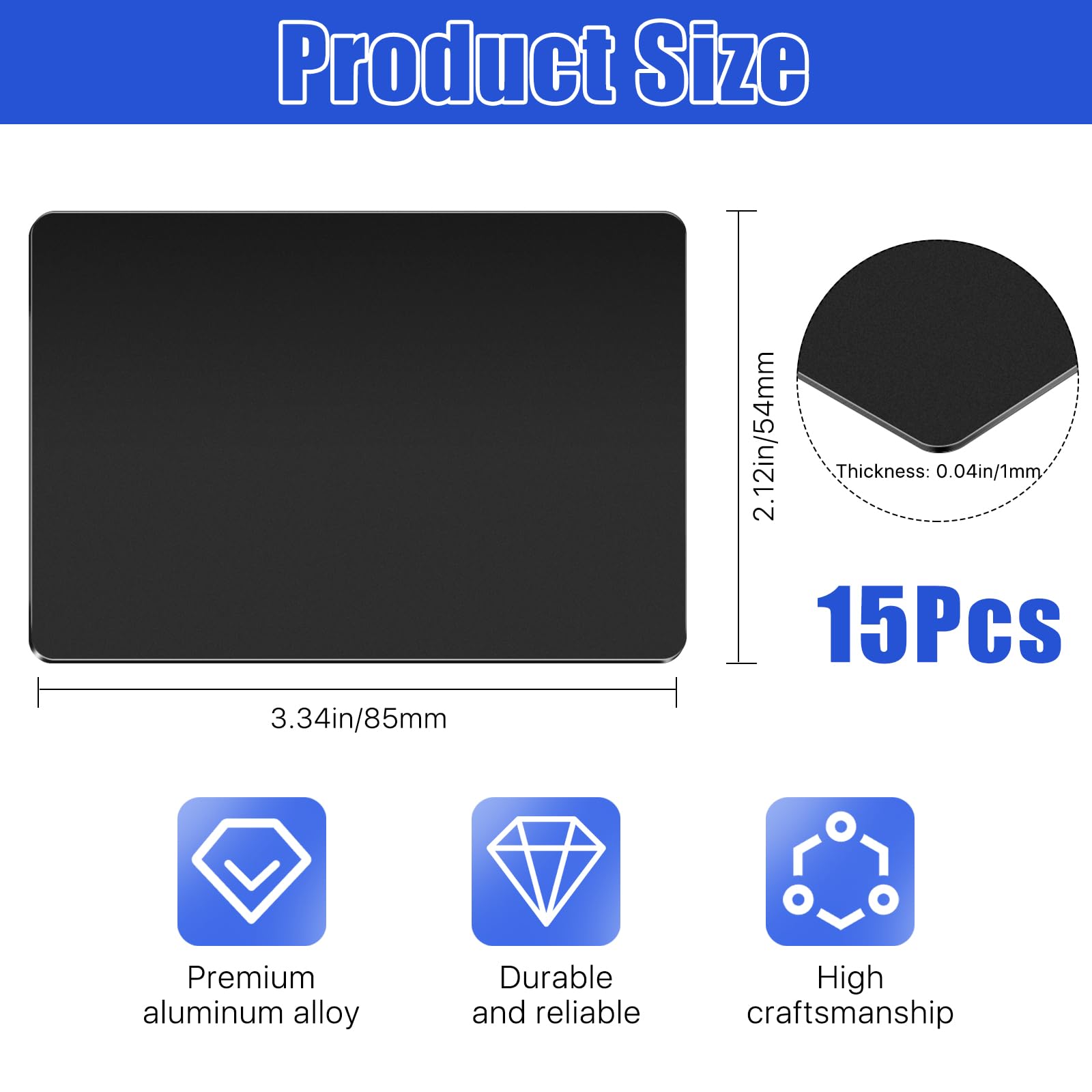 15 Pack 1mm Thick Black Aluminum Business Cards - Blank Metal Cards for Laser Engraving (3.34
