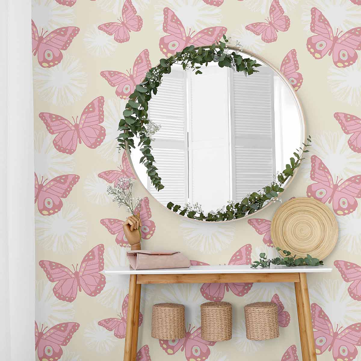 Pink Butterfly Peel and Stick Removable Wallpaper - Self-Adhesive Decorative Wall Covering for Bedroom, Nursery, Kids Room & Home Decor