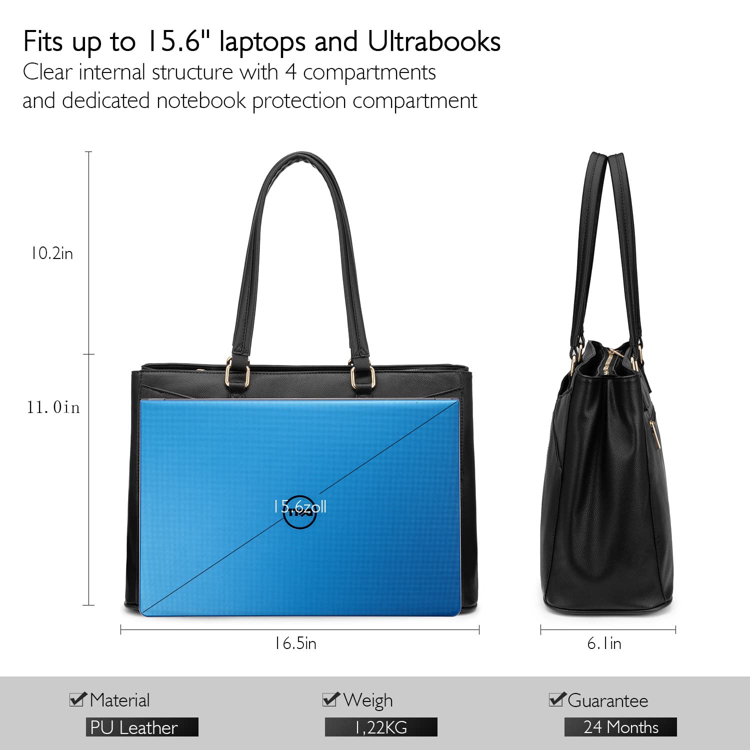LOVEVOOK 15.6 Inch Waterproof Leather Laptop Tote Bag for Women - Stylish Business Office Work Briefcase with Multiple Pockets (Black) - Perfect for Commuting, Business Trips and Professional Work Settings