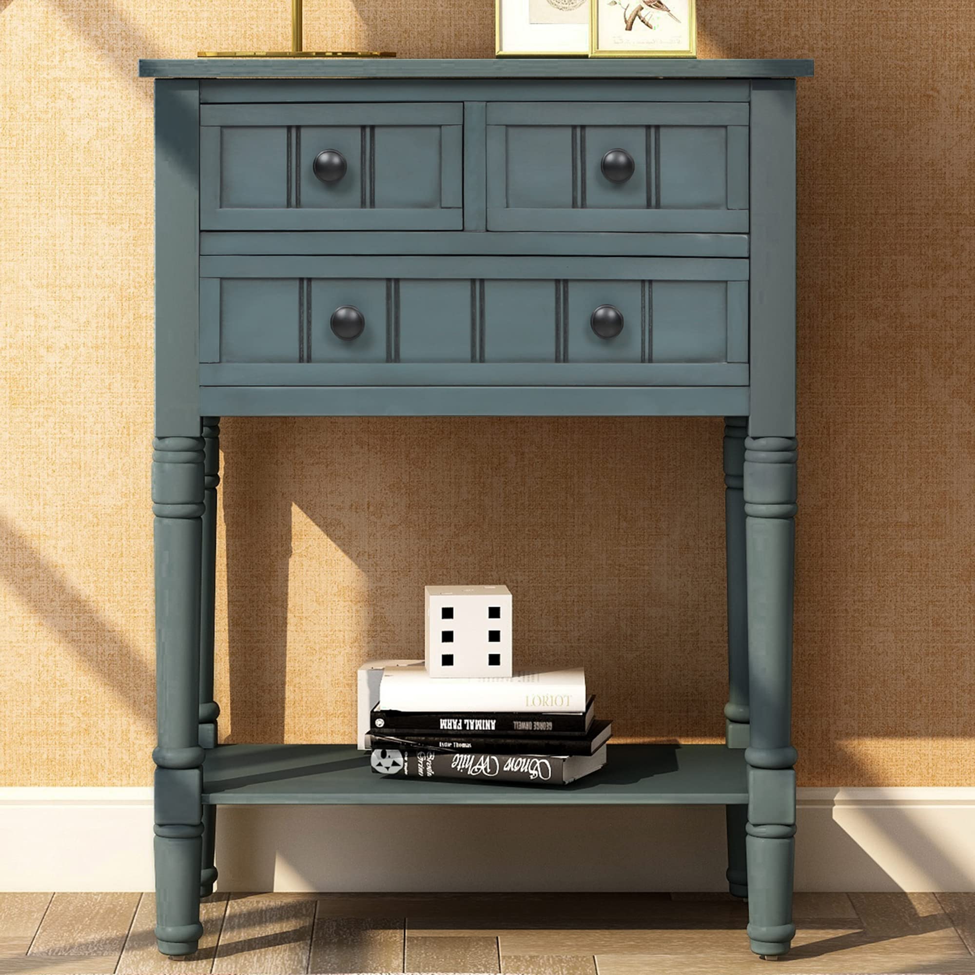 P PURLOVE Wooden Sofa Table with 3 Drawers & Bottom Shelf - Entryway Console Table for Living Room, Hallway - Navy Blue Storage Table (Easy Assembly) | Perfect for Small Spaces, Behind Sofa Organization & Entryway Decor