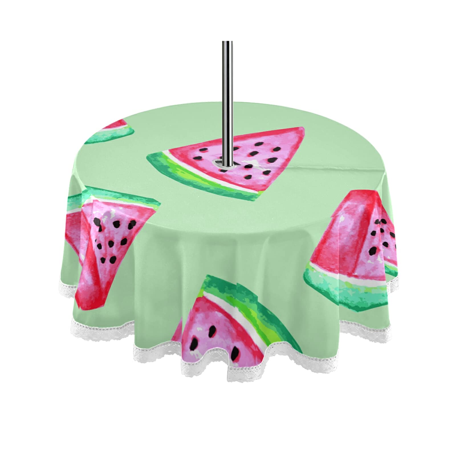 60 Inch Waterproof Round Tablecloth with Umbrella Hole & Zipper - Outdoor Patio Dining Cover for Picnic, Party, Backyard, Restaurant - Durable Watermelon Print Watercolor Design Home Decor