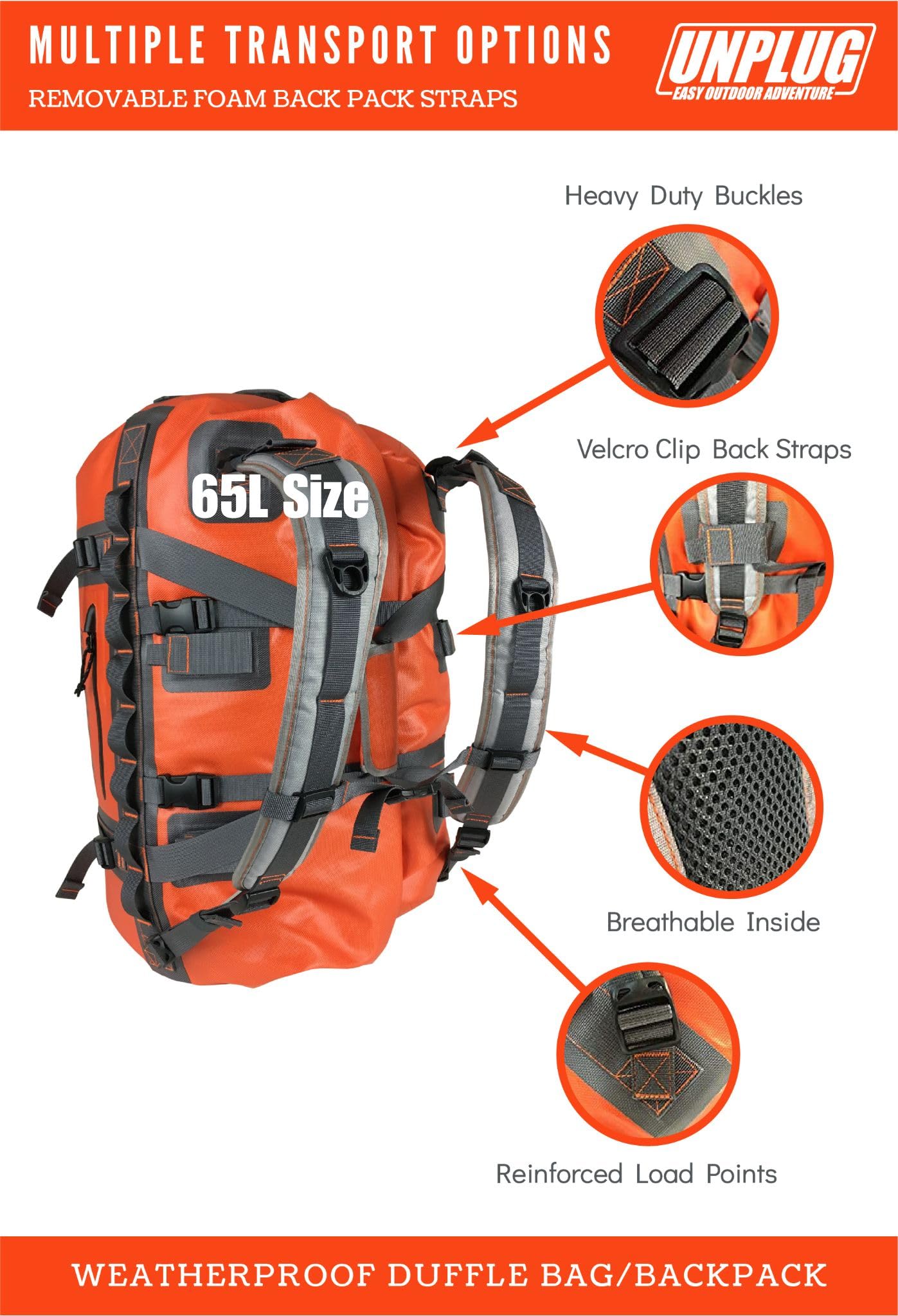 UNPLUG Ultimate Adventure Bag - 1680D Heavy Duty Waterproof Travel Duffel Bag for Camping, Hiking, Motorcycle & Boating | Tactical Duffle Backpack for Outdoor Sports, Travel & Emergency Preparedness