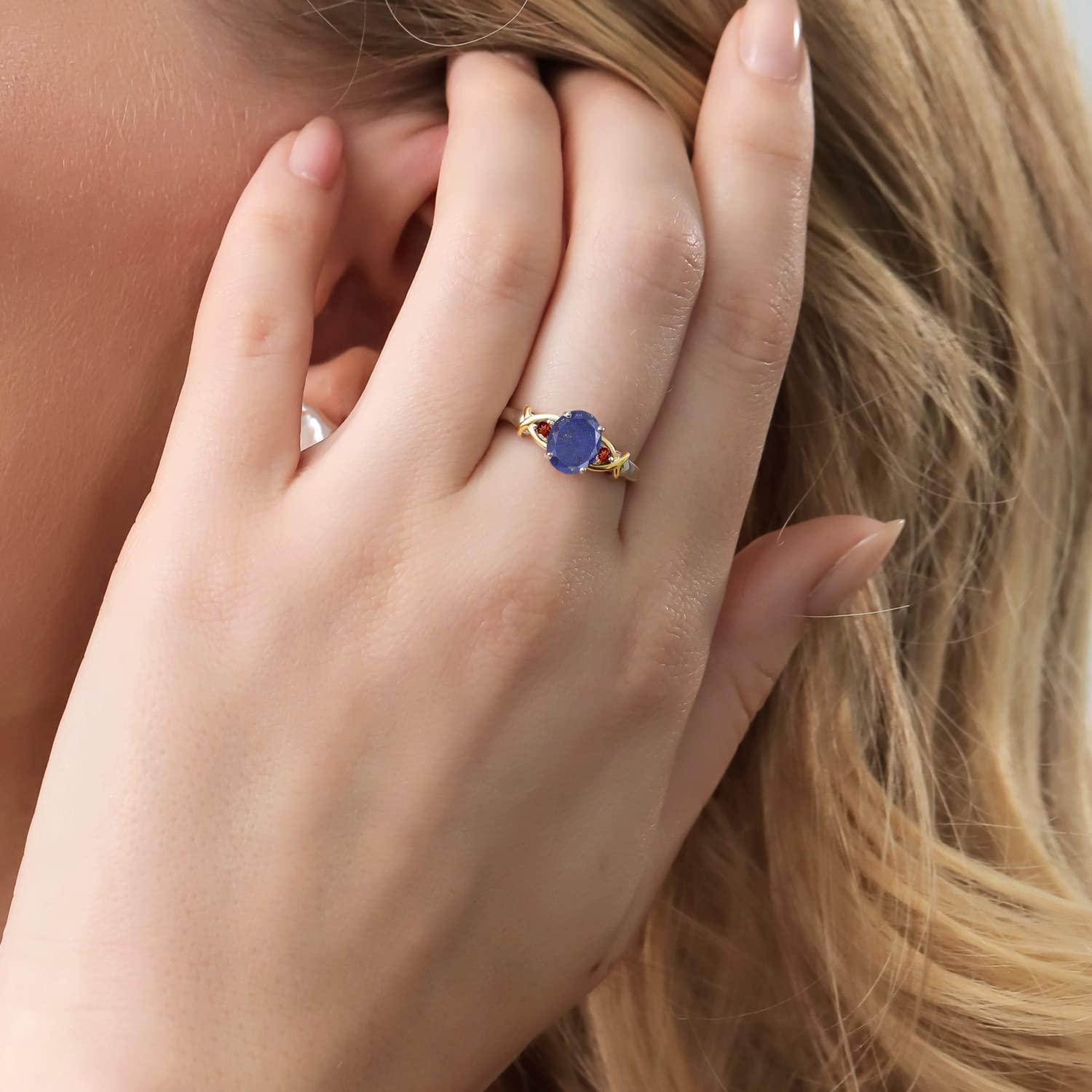 1.50 Ct Oval Blue Lapis & Red Garnet Ring in 925 Sterling Silver & 10K Yellow Gold | Gem Stone King | Elegant Jewelry for Women, Perfect for Weddings, Anniversaries & Special Occasions