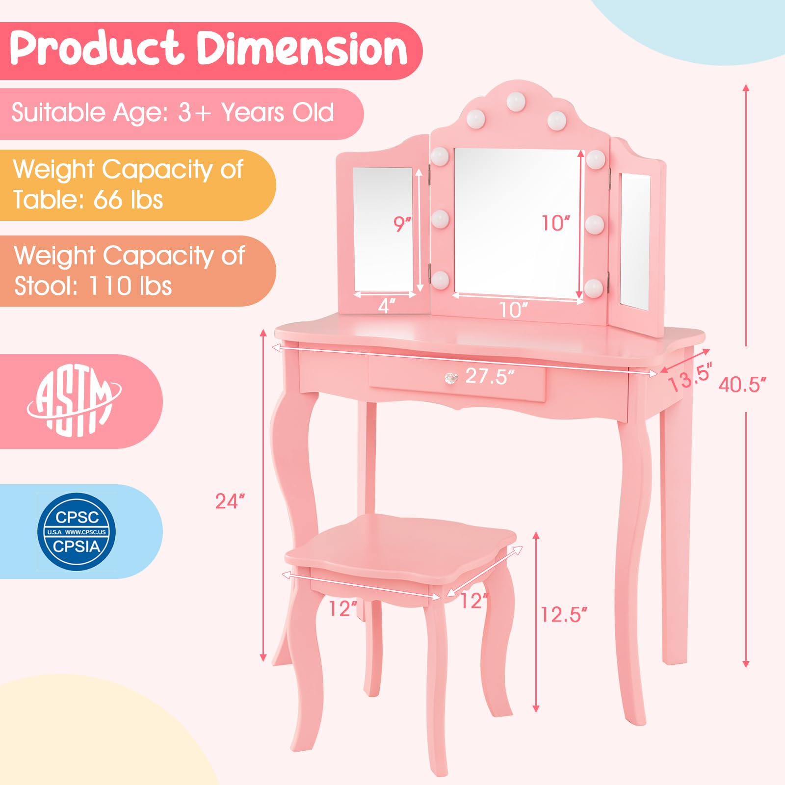 Costzon Kids Vanity Set with Mirror, Stool & Lights - Pink Wooden Princess Makeup Dressing Table with Drawer, 2-in-1 Toddler Vanity for Girls - Pretend Play, Birthday Gift & Bedroom Decor (Pink)