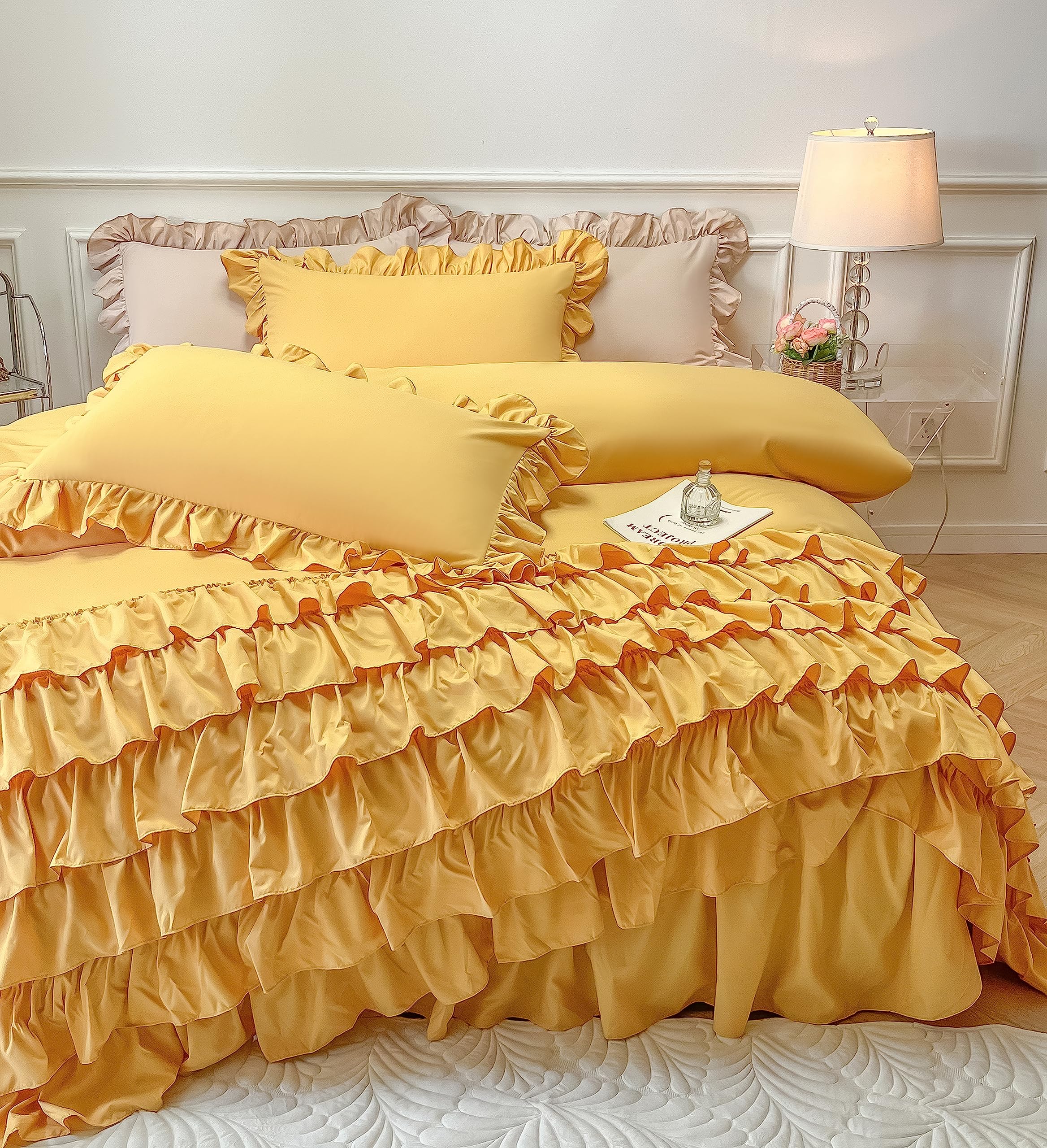 MOOWOO Twin Size Waterfall Ruffle Duvet Cover Set - 2 Piece Shabby Chic Bedding for Girls, Soft & Breathable Solid Color Duvet Cover with Zipper Closure & Corner Ties | Aesthetic Bedroom Decor for Teen Rooms, Dorm, or Guest Bedrooms