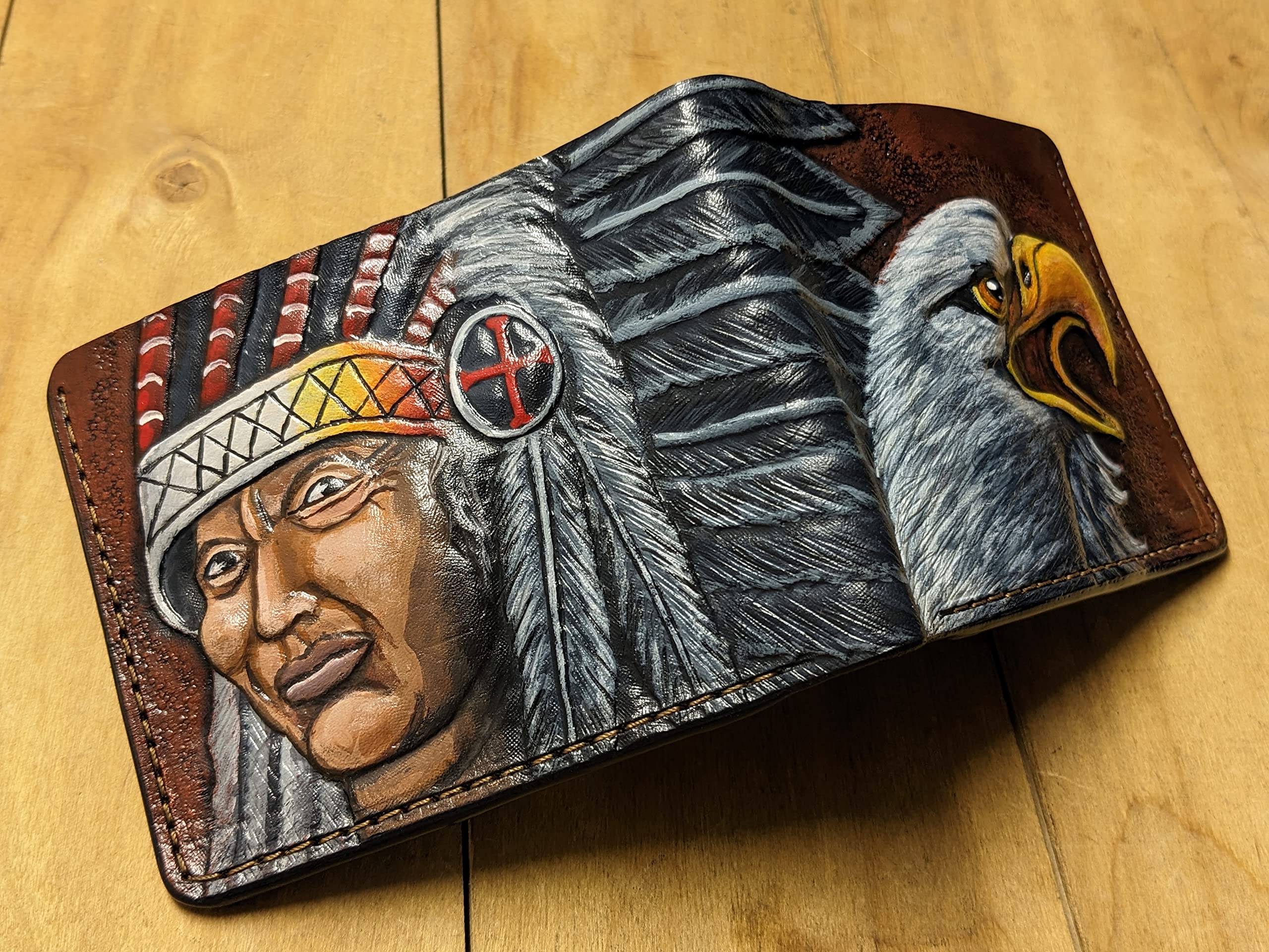 Authentic 3D Handmade Genuine Leather Bifold Wallet - Bald Eagle & Native American Chief Carved Design - Patriotic Airbrush Art Custom Men's Wallet for Everyday Use & Gift Giving