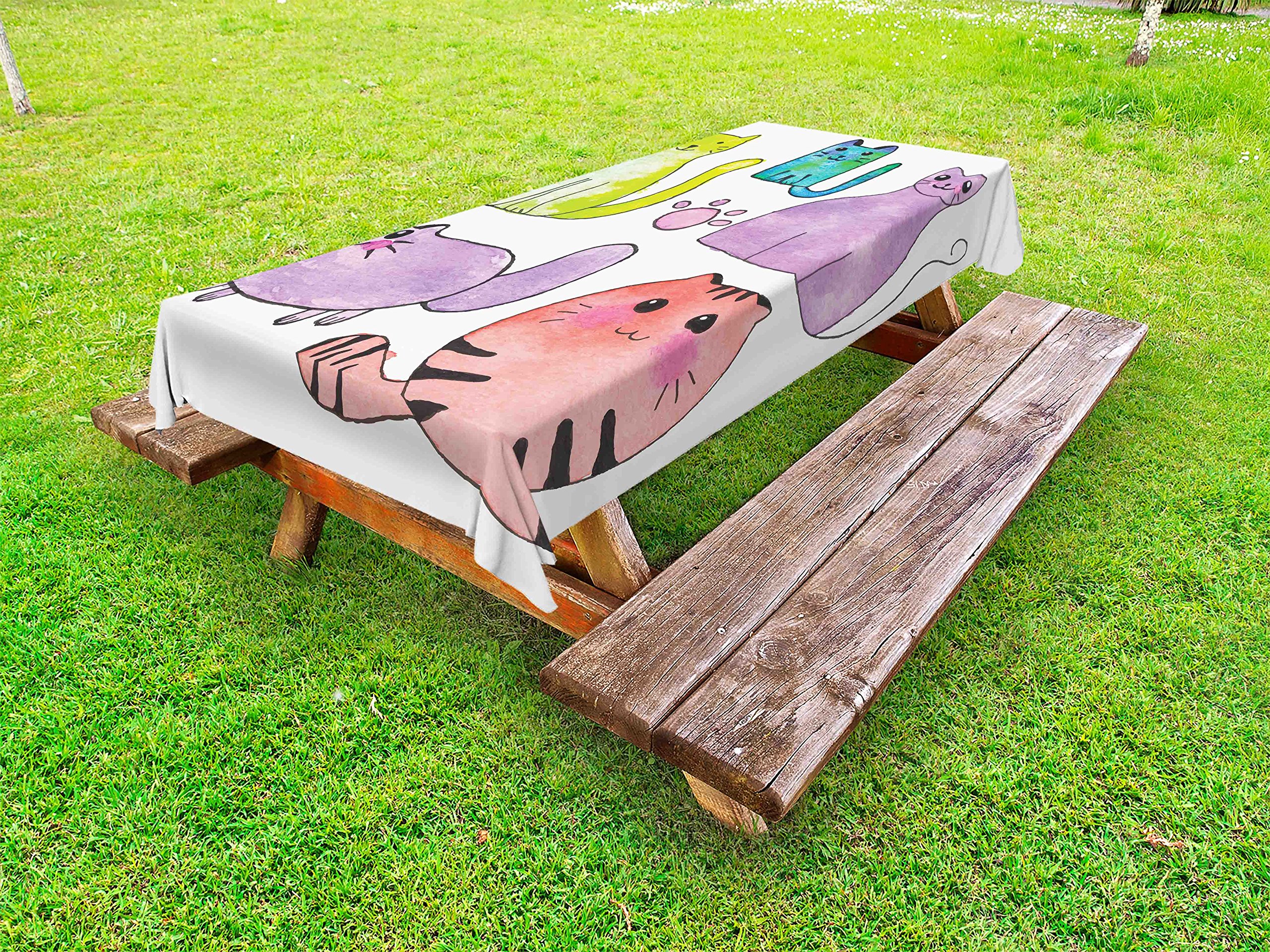 Ambesonne Waterproof Outdoor Tablecloth - Colorful Hand-Painted Kitten & Cat Design, Washable Picnic Table Cover 58