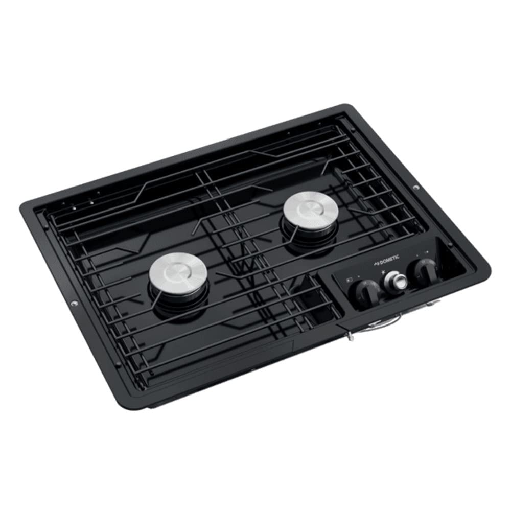 Dometic 9108717574 (50211) 12V Electric Two-Burner Drop-in Cooktop with Wire Grate - Black for RV, Camper, and Marine Cooking
