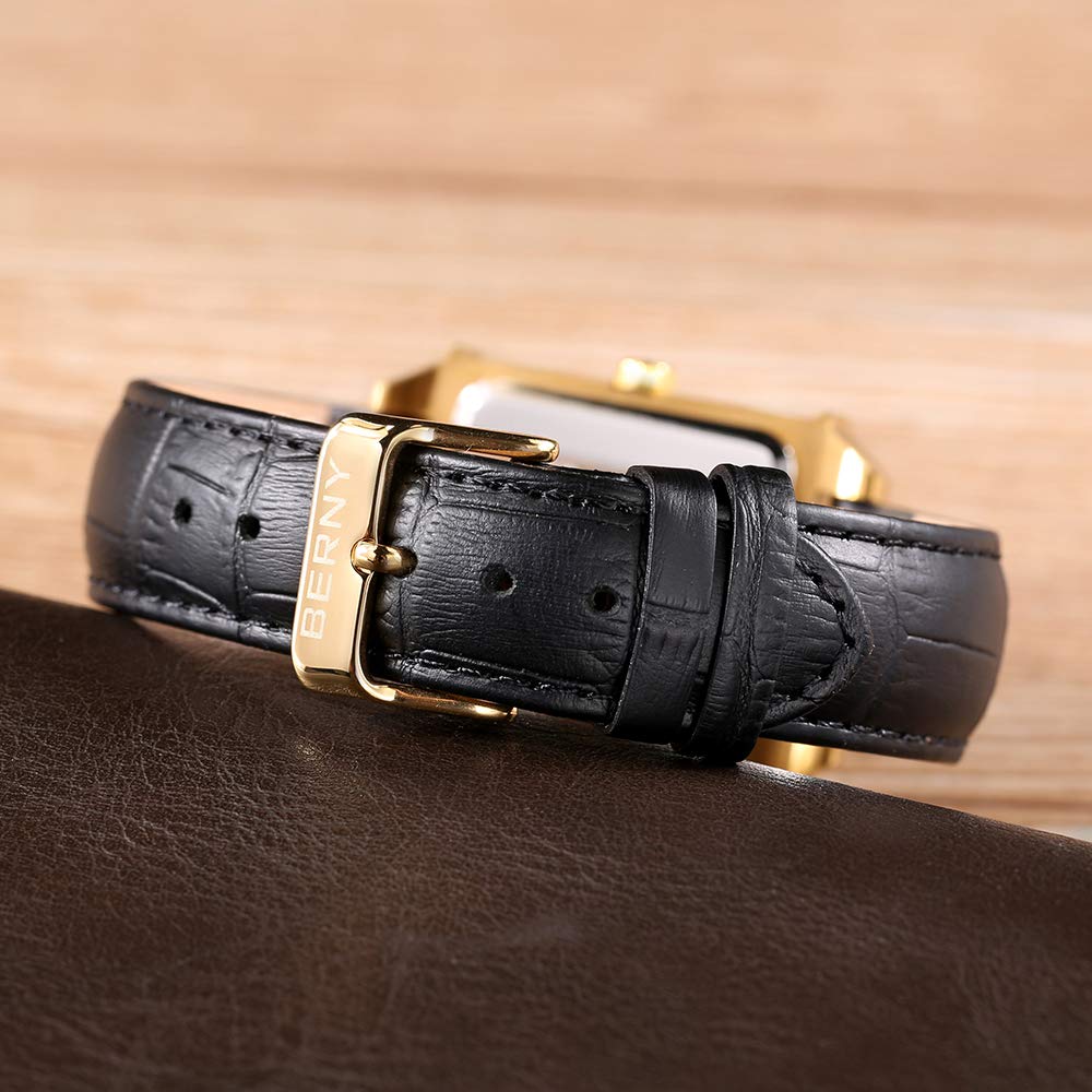 BERNY Men's Square Swiss Movement Quartz Watch with Calendar & Leather Strap - Stylish Dress Watch for Business, Formal Events & Everyday Wear