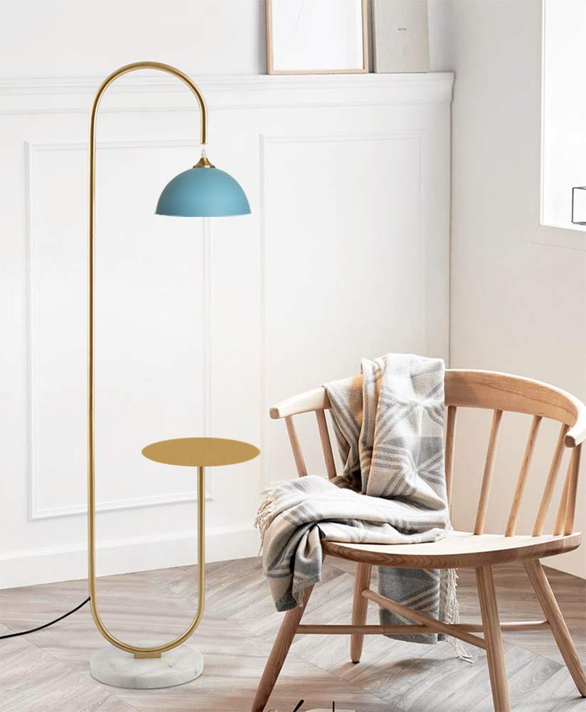 Modern LED Floor Lamp with Table - Brushed Brass Finish & Blue Shade for Bedroom, Living Room, Reading Light | Stylish Standing Lamp for Home Office, Study & Lounge Areas