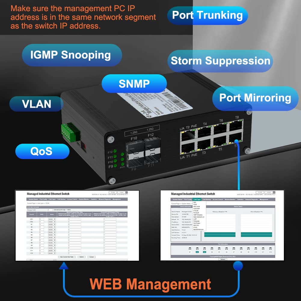 8-Port Industrial L2 Managed Gigabit PoE Fiber Switch with 4 SFP Slots - 802.3at 30W, VLAN, QoS, IGMP Support - DIN Rail Mount for Harsh Environments - Ideal for Factory Automation, Security Systems & Smart Buildings