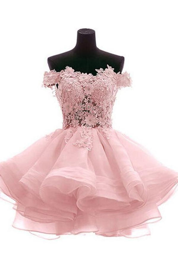 Pink Lace Off Shoulder See-Through Short Homecoming Dress - Elegant Prom Party Dress for Women, Perfect for Homecoming, Prom Night, and Special Occasions