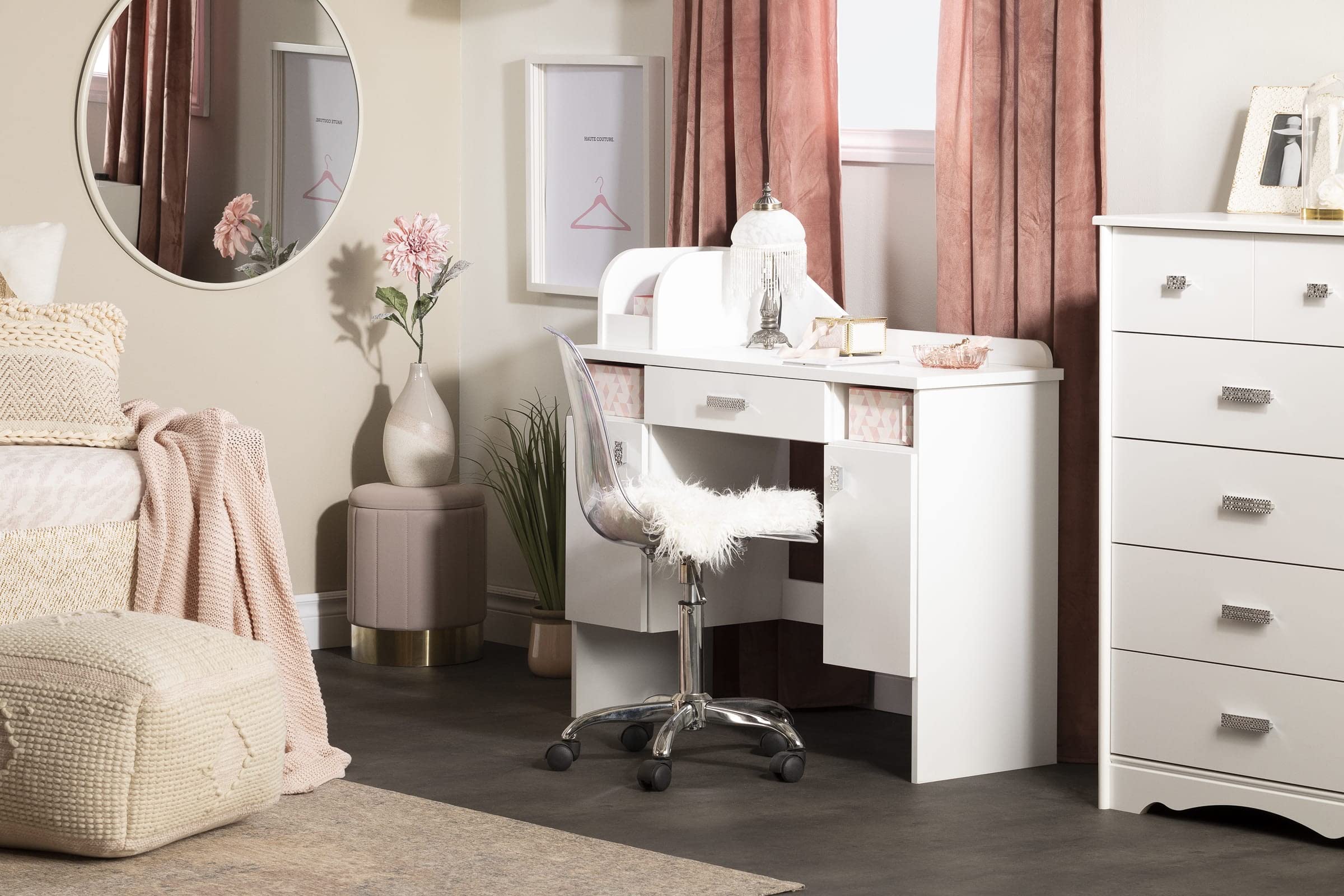 South Shore Tiara Makeup Vanity Desk with Mirror - Pure White Finish | Elegant Dressing Table for Bedroom, Beauty Room & Home Decor