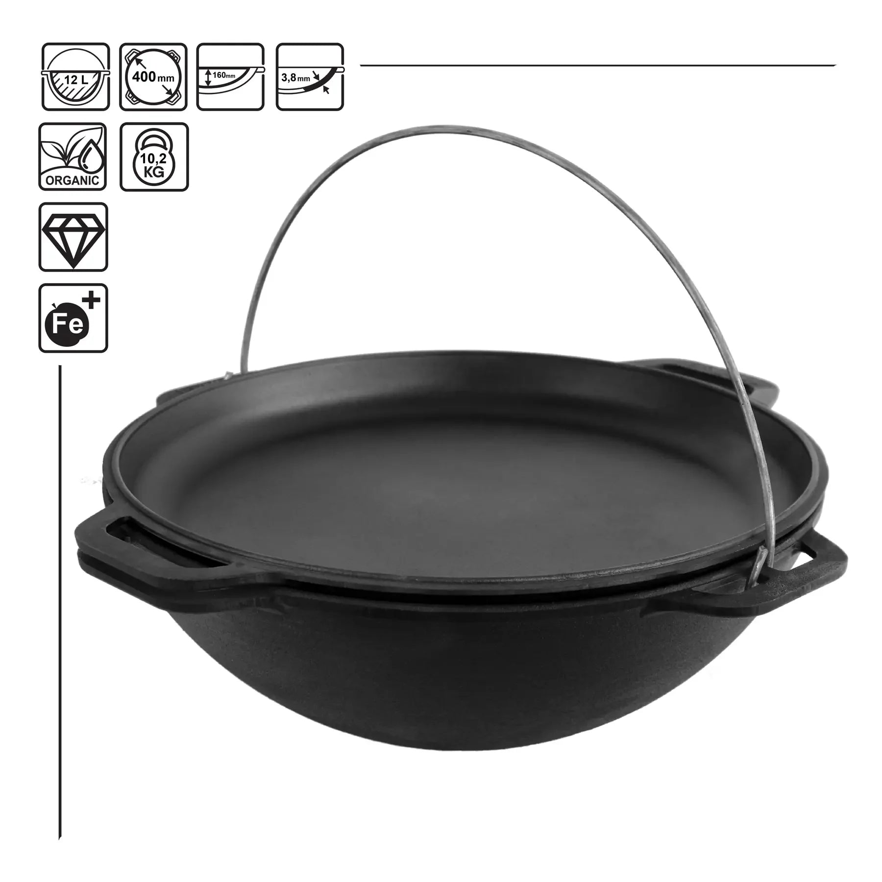 12.68 Quart Asian Kazan Combo Cooker with Frying Pan Lid - Dutch Oven for Braising, Stewing & Deep Frying - Perfect for Outdoor Cooking, Camping & Home Kitchen Use