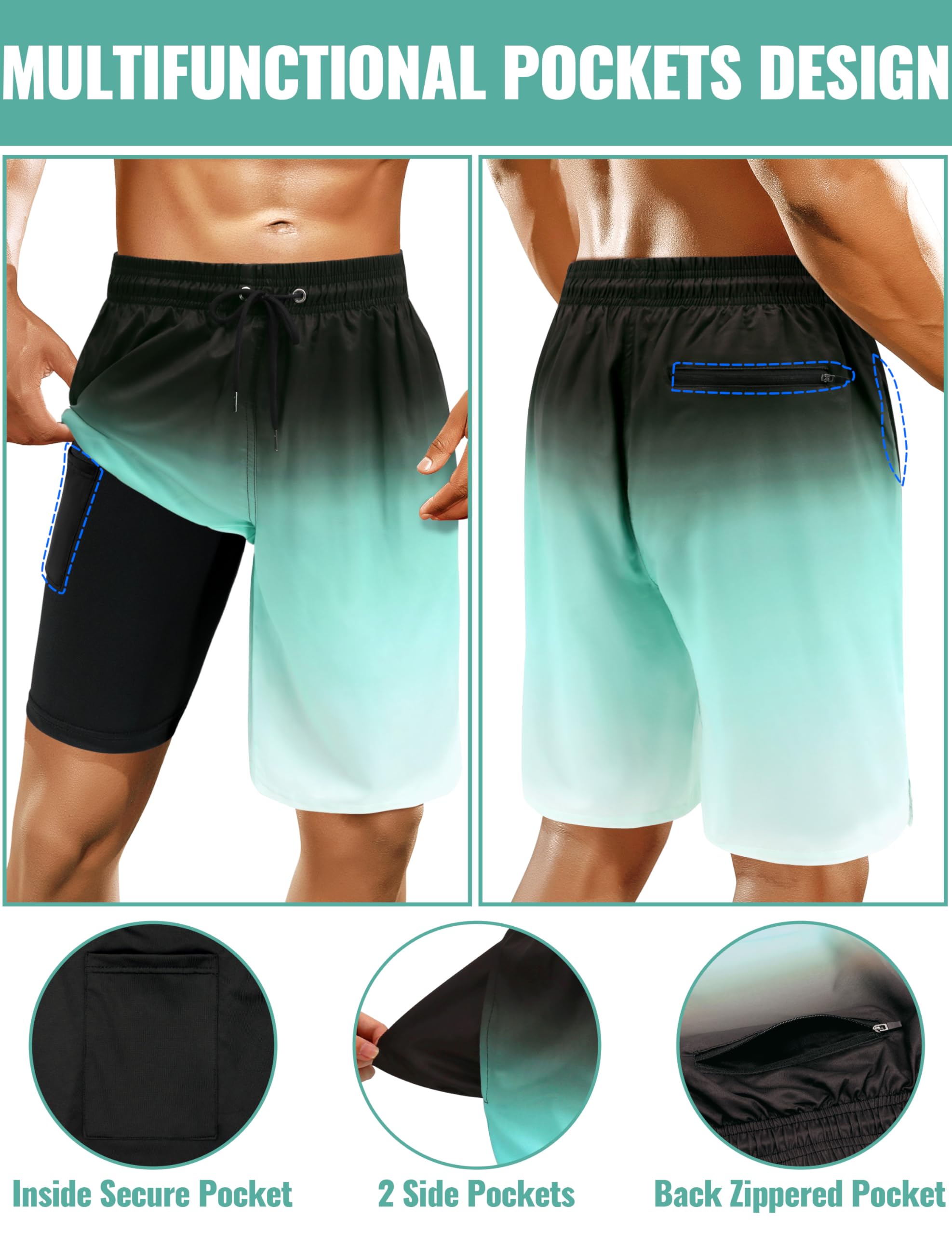 **Men's Quick Dry Swim Trunks with Compression Liner - 9 Inch Board Shorts for Swimming, Beach & Water Sports**