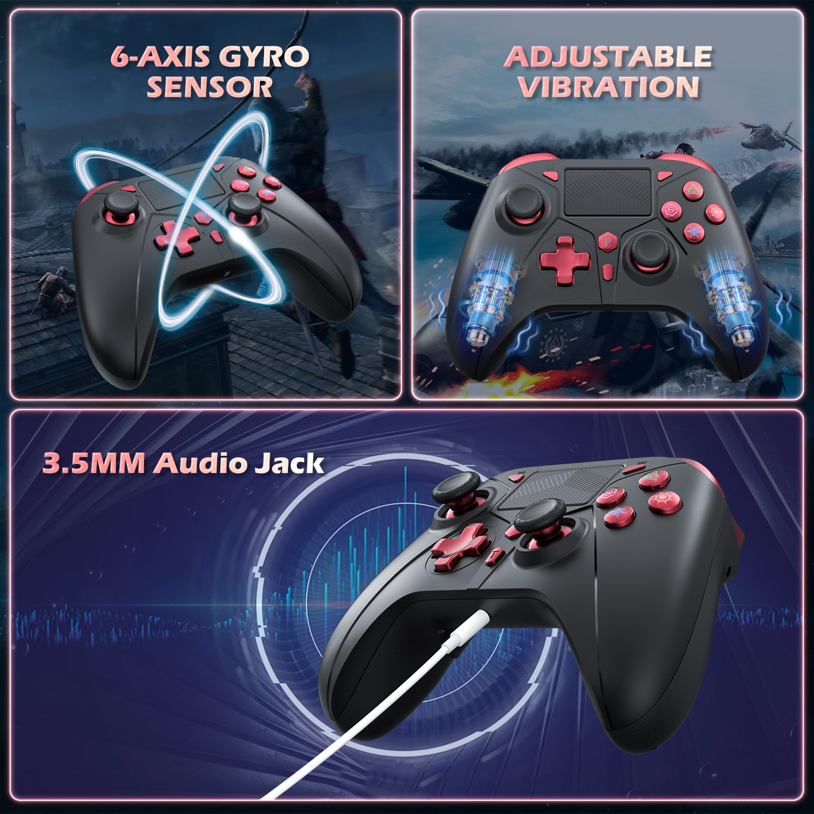 Gamrombo Wireless Controller for PS4 - Compatible with Sony PS4, PS4 Slim, PS4 Pro, PS3, Nintendo Switch & Windows PC - Dual Shock Gamepad with Turbo, Macro Function & 3.5mm Audio Jack - Perfect for Gaming, Streaming & Multiplayer Sessions