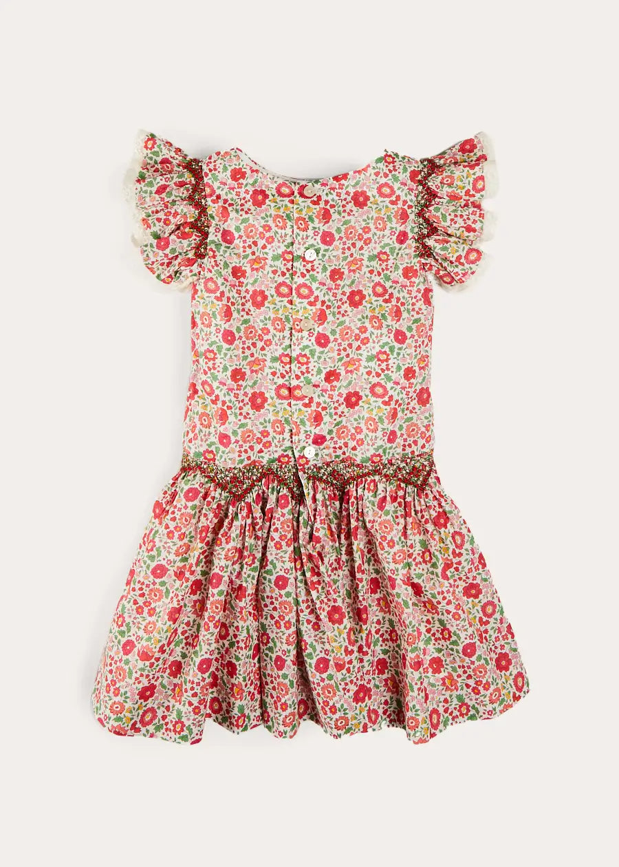 Margot Floral Sleeveless Hand-Smocked Girls Dress in Red - Liberty Fabric (Ages 4-12 Years) | Perfect for Summer Parties, Weddings & Special Occasions