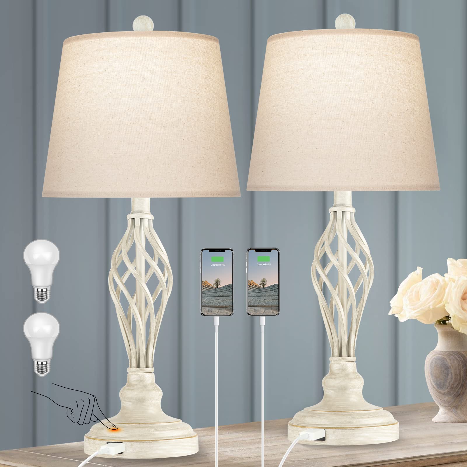 Vintage Farmhouse Table Lamps Set of 2 - Rustic Bedside Nightstand Lamps with 3-Way Dimmable Touch Control & USB Charging Port - Spiral Cage Base & Drum Shade - Perfect for Bedroom, Living Room, Home Office & Reading Nook