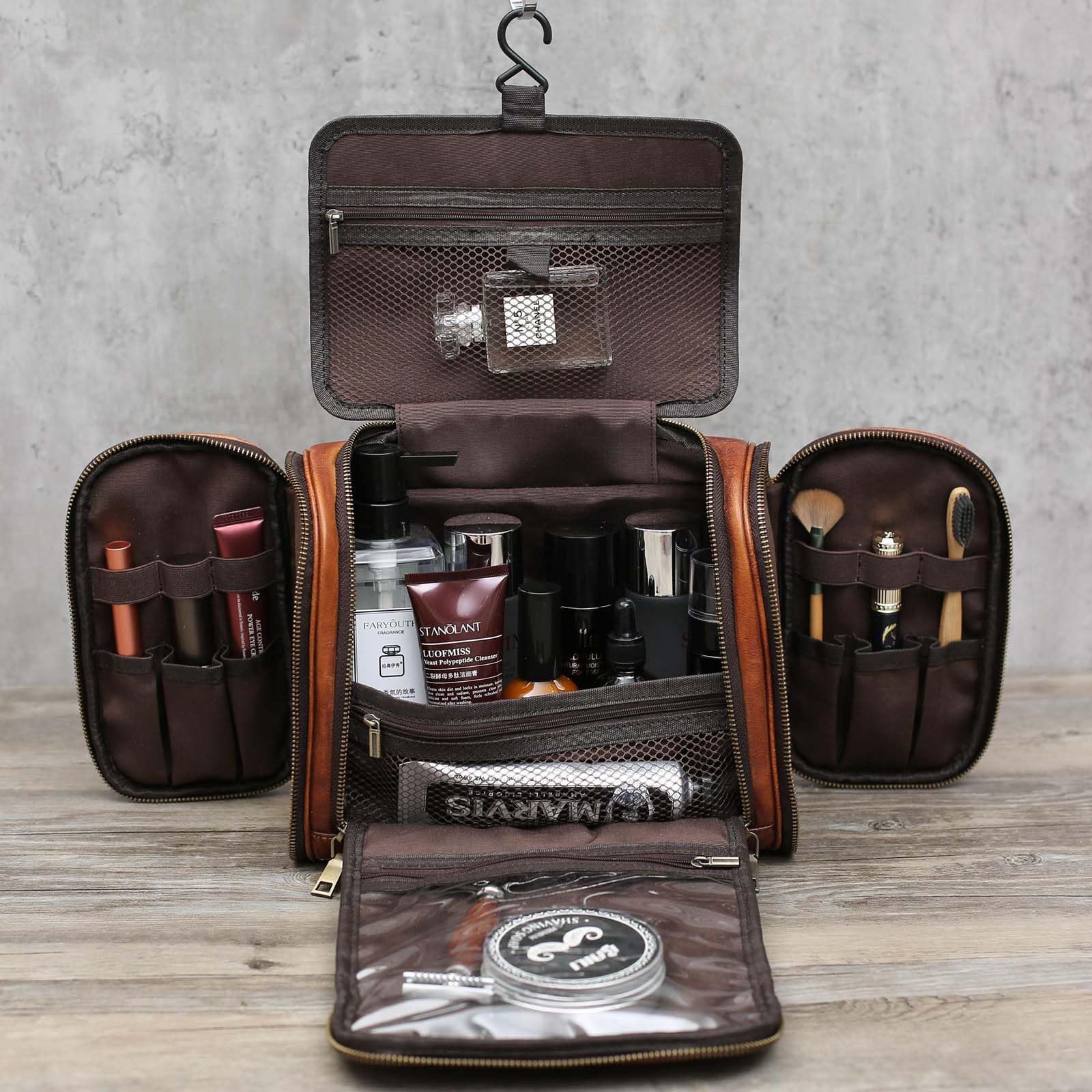 Premium Genuine Leather Toiletry Bag for Men - Large Water-Resistant Travel Hanging Organizer for Shaving Kit, Cosmetics & Makeup | Ideal for Business Trips, Gym, Camping & Vacation Essentials