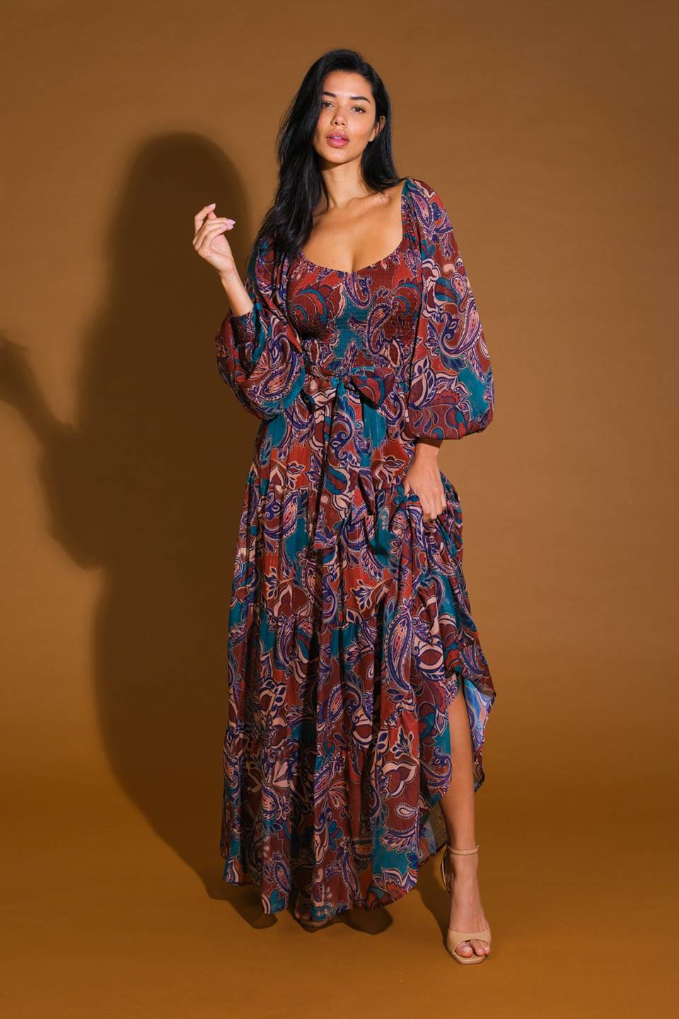 Elegant MERLOT MAXI DRESS in Wine & Teal Paisley Print - Perfect for Summer Weddings, Beach Vacations & Evening Parties