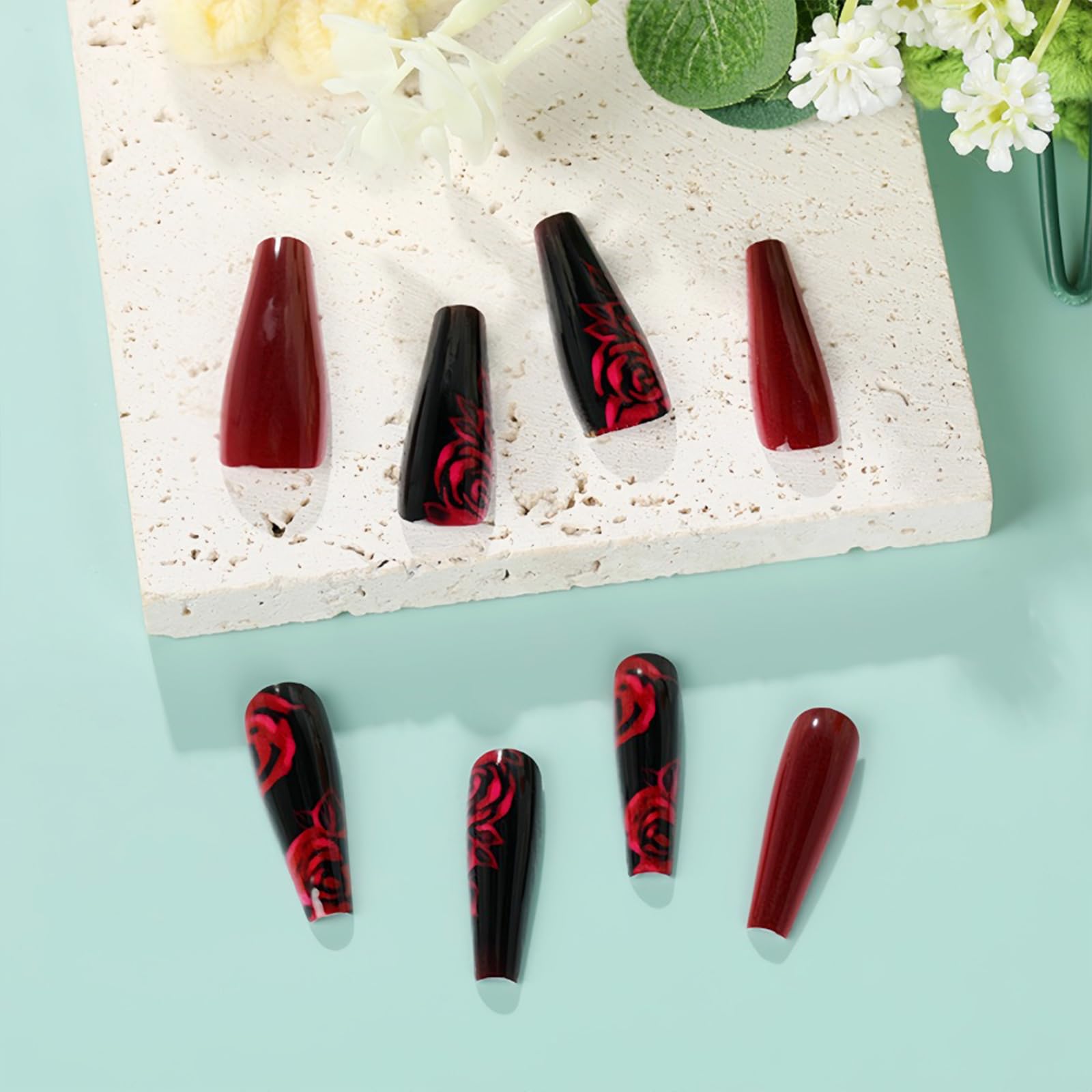 24Pcs Black Press on Nails Long Coffin Fake Nails - Wine Red Rose Flower Design Acrylic Glossy False Nails for Women | Full Cover Glue on Artificial Nails for Autumn Winter | Perfect for Parties, Weddings & Special Occasions