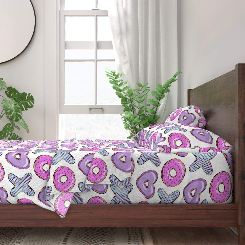 Trendy Sweet Valentines Donuts 100% Cotton King Size 4-Piece Bedding Set - Purple Donut Junk Food Print Custom Sheets | Perfect for Valentine's Day Gifts & Themed Bedroom Decor