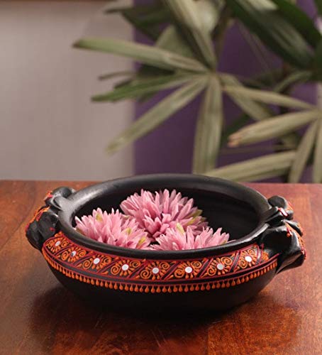 Handmade Black Earthenware Decorative Flower Pot - 11.5 Inch Uruli for Home Decor, Garden & Wedding Centerpieces | Potpourri Bowl & Traditional Indian Urli for Aromatherapy