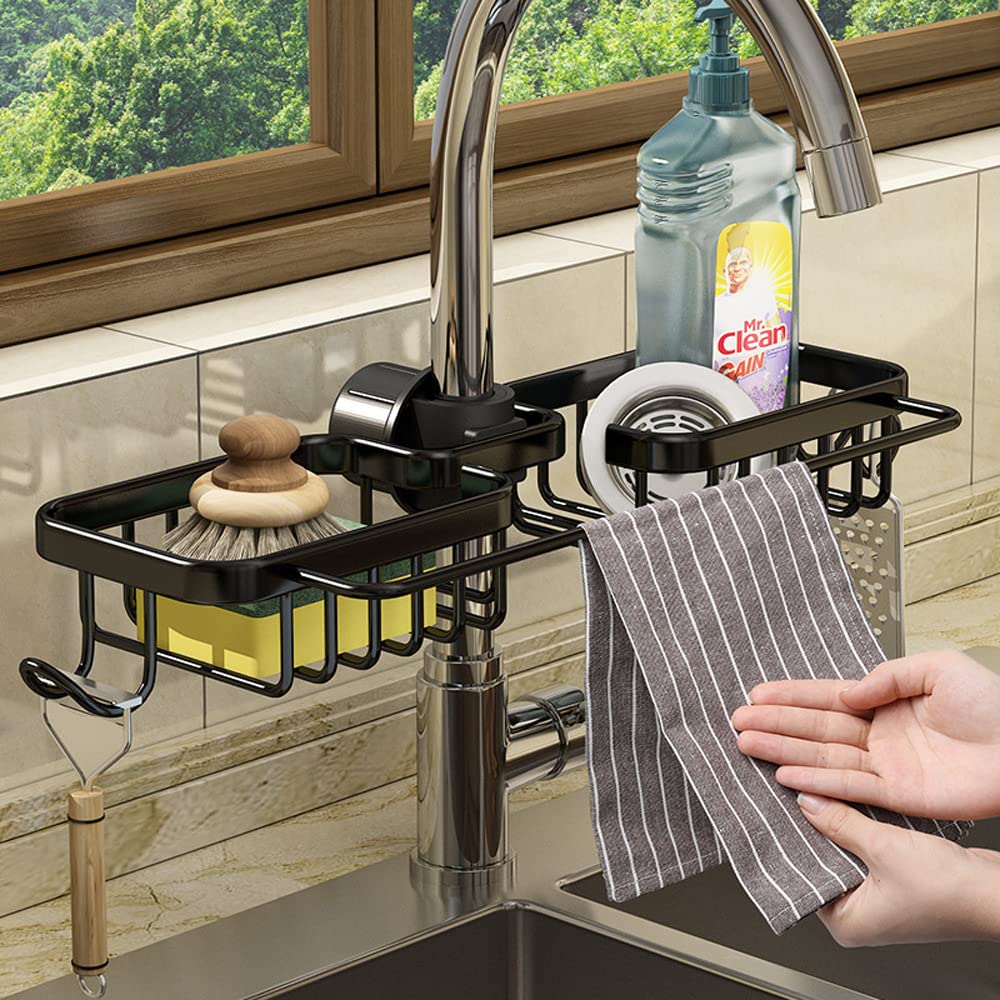 Stainless Steel Kitchen Sink Organizer with Double Towel Rack & Hooks - Over The Faucet Sink Caddy for Sponge, Soap & Utensils - Perfect for Small Kitchen Organization & Dish Drying (Black)