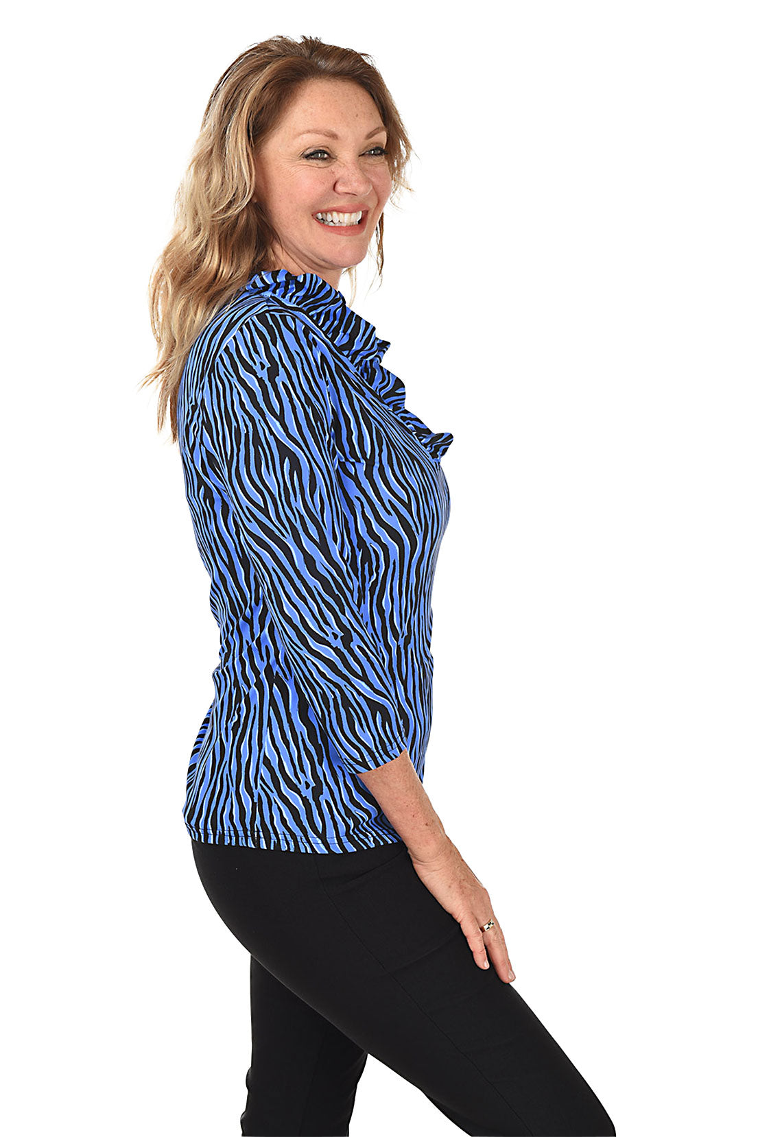 Hypnotic Zebra Print Ruffle Neck UPF50+ Sun Protection Top for Women - Perfect for Beach, Pool & Summer Outfits