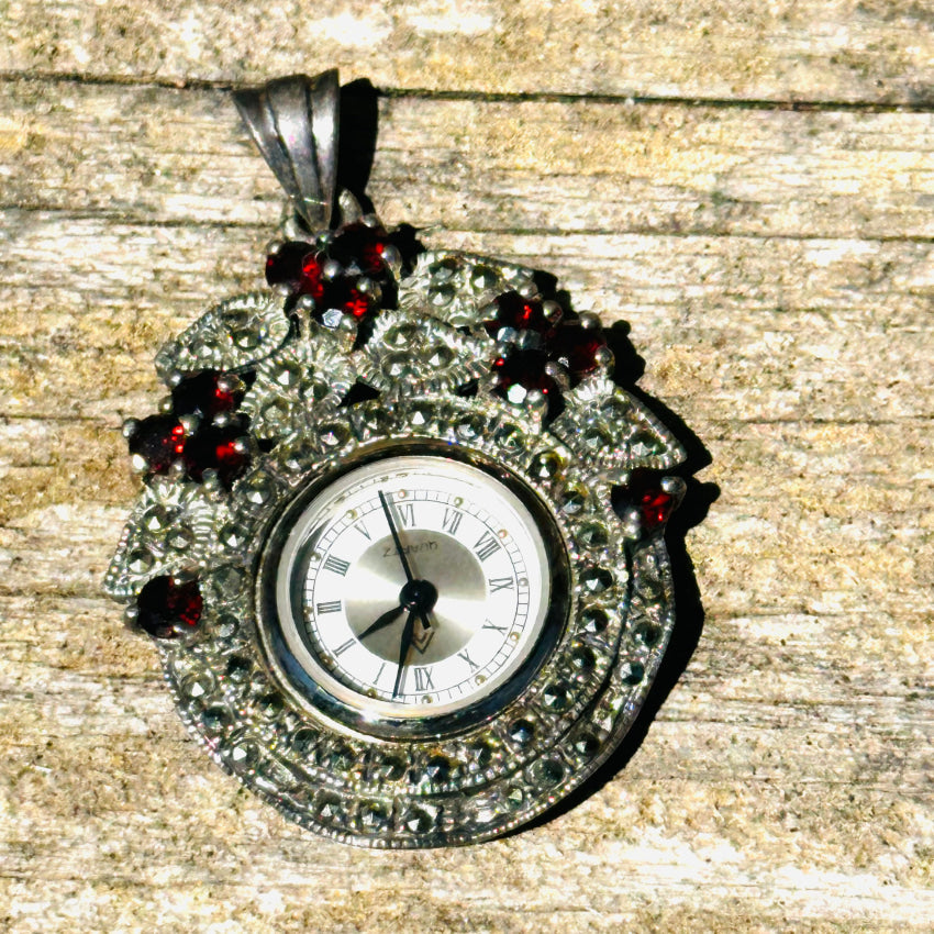 Sterling Silver Garnet & Marcasite Quartz Watch Pendant Necklace - Elegant Jewelry for Women, Gift for Her, Perfect for Parties, Weddings & Special Occasions