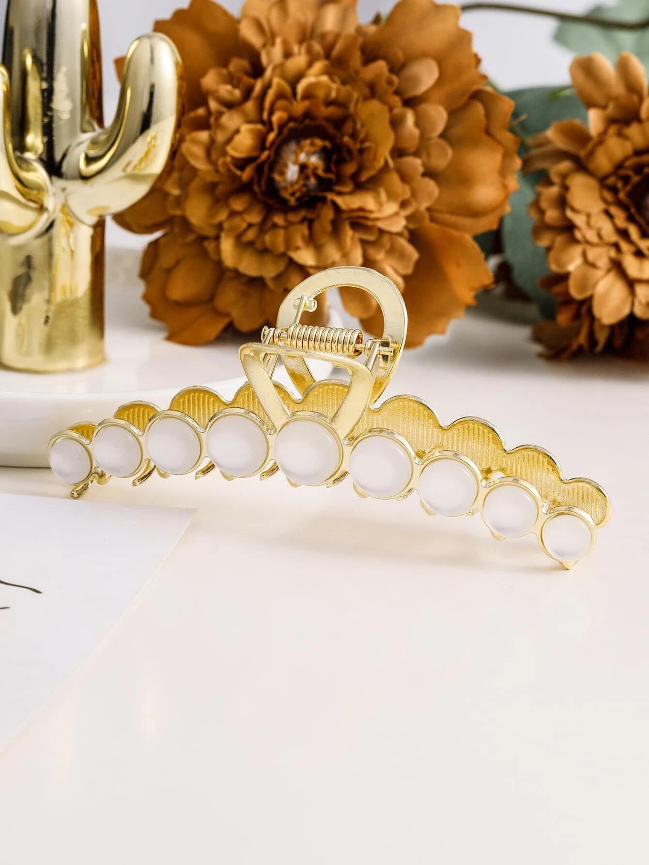 ANNA CREATIONS Golden Large Metal Pearl Hair Claw Clip - Elegant Hair Accessories for Women & Girls - Perfect for Weddings, Parties & Everyday Styling