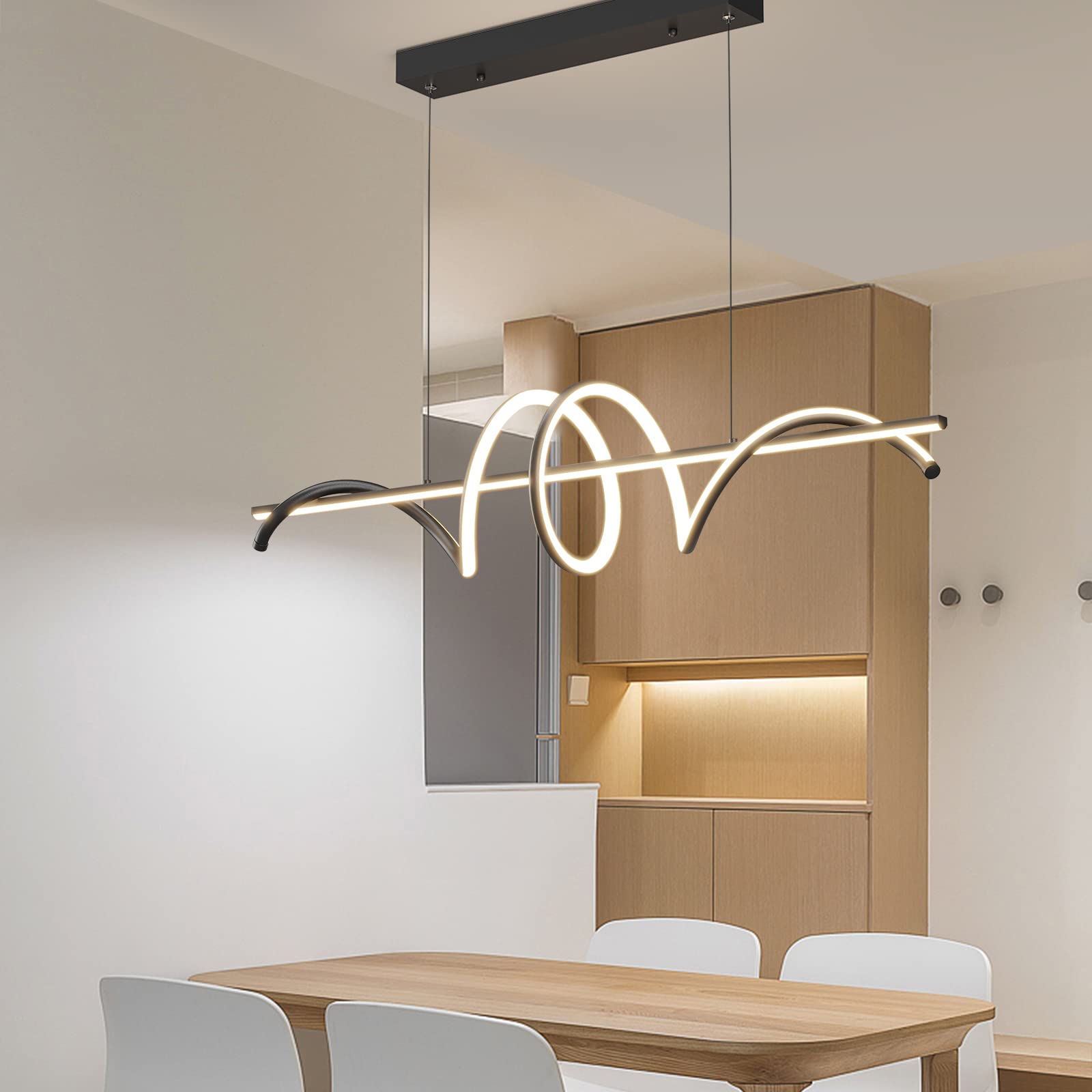 Modern LED Chandelier for Dining Room - Dimmable 3000K-6500K, Remote Control Black Spiral Pendant Light, 50W Adjustable Height Hanging Light for Kitchen Island, Restaurant & Home Decor - Perfect for Dining Areas, Living Rooms and Commercial Spaces