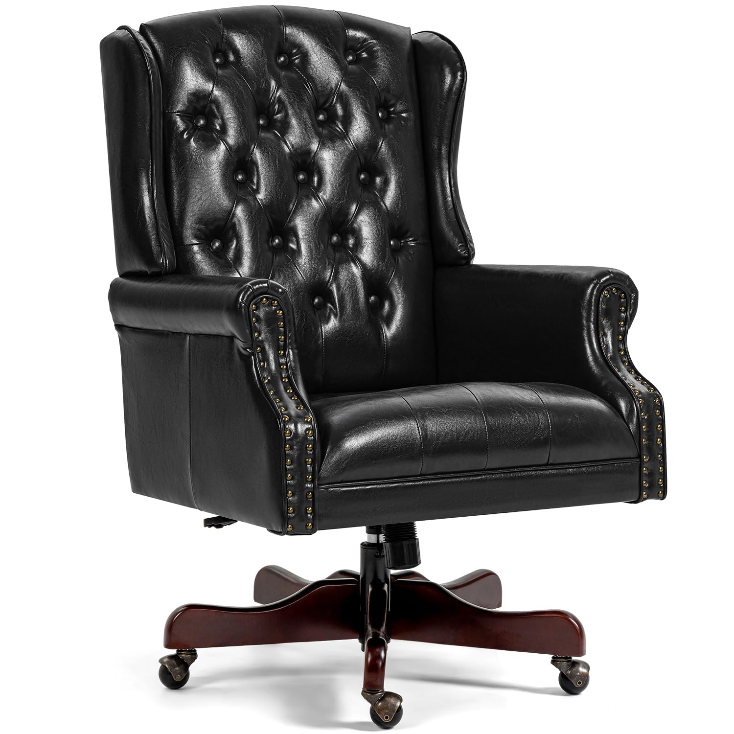 Premium Faux Leather Tufted Office Chair - High Back Executive Desk Chair with Nail Head Trim & Ergonomic Wingback Design for Home Office, Gaming, and Living Room - Deep Black - Perfect for Long Work Sessions, Video Calls, and Comfortable Relaxation