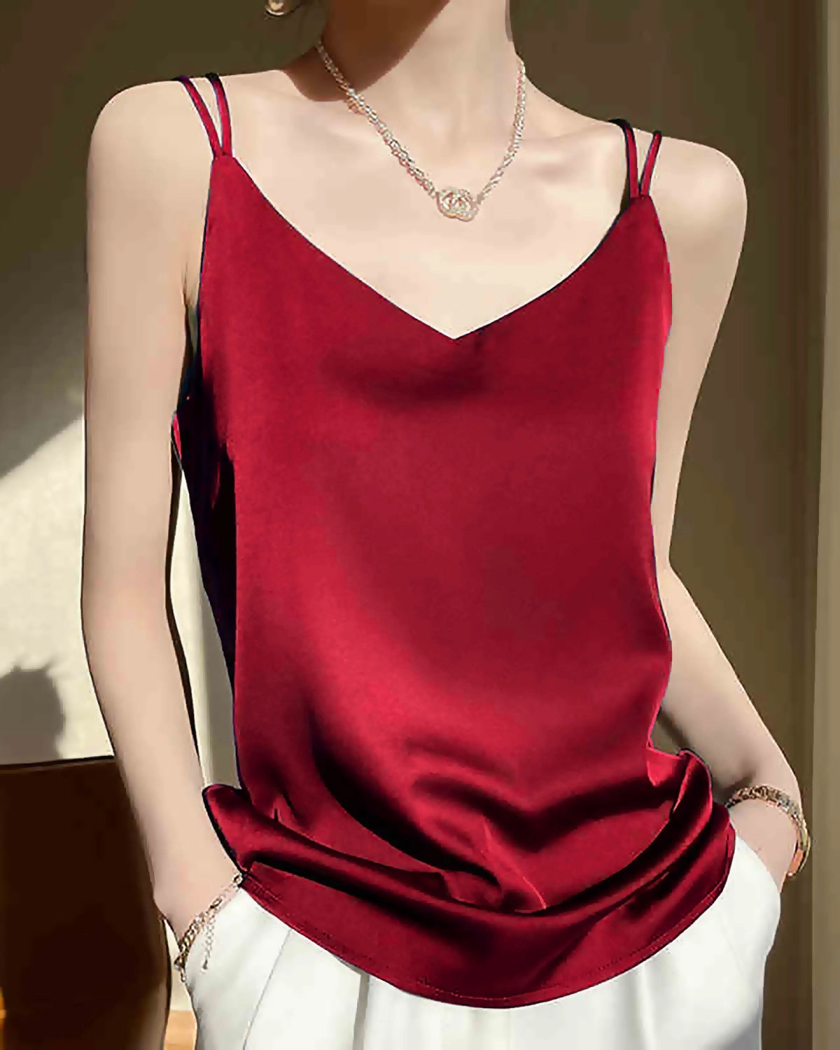 Silk Spaghetti Strap Cross Back Camisole Top for Women - Elegant Satin Sleepwear & Loungewear for Date Night or Relaxing at Home