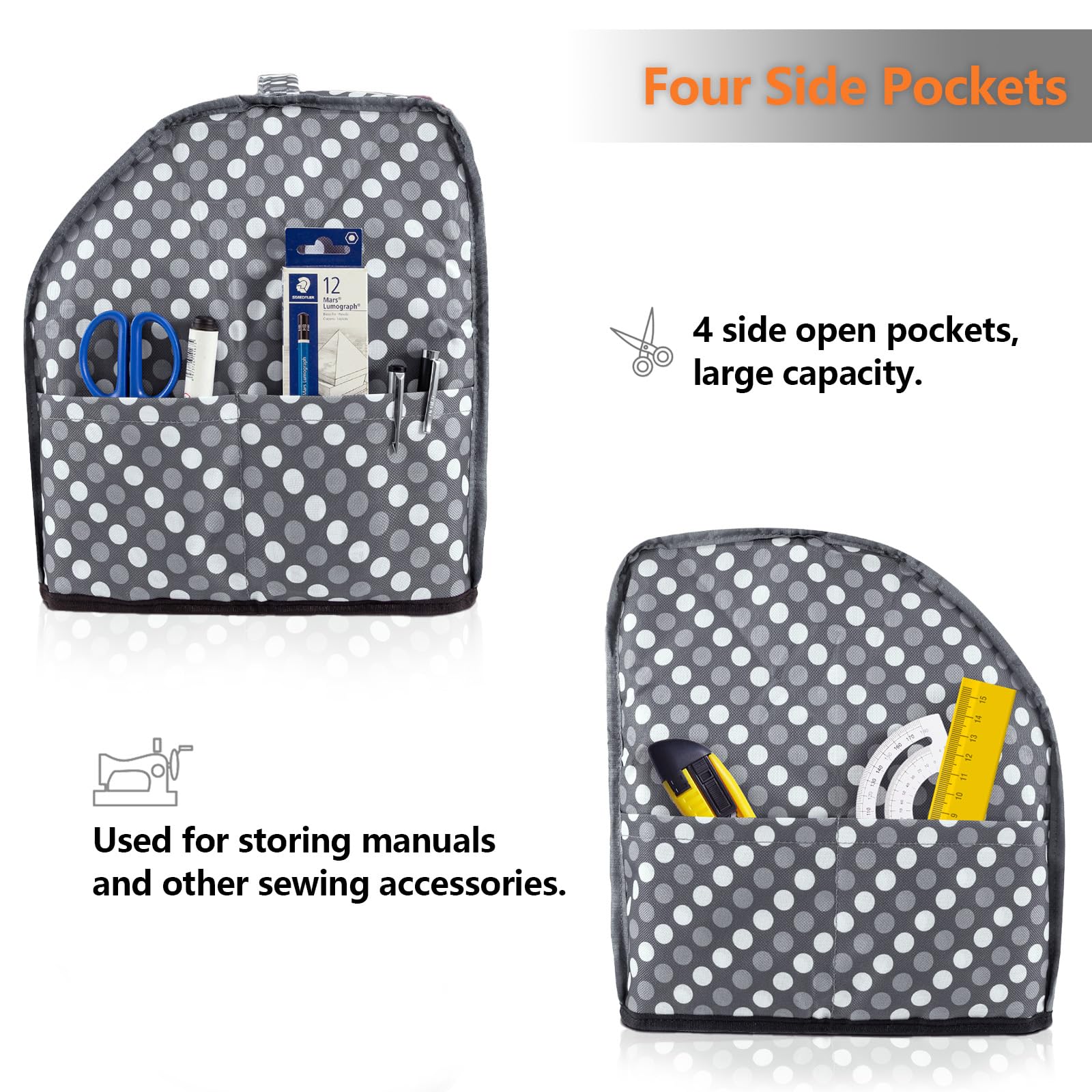**Sewing Machine Cover with Storage Pockets - Dustproof Protector for Singer, Brother & Overlock Machines - Gray Dots Design - Perfect for Home, Studio & Craft Room Organization**