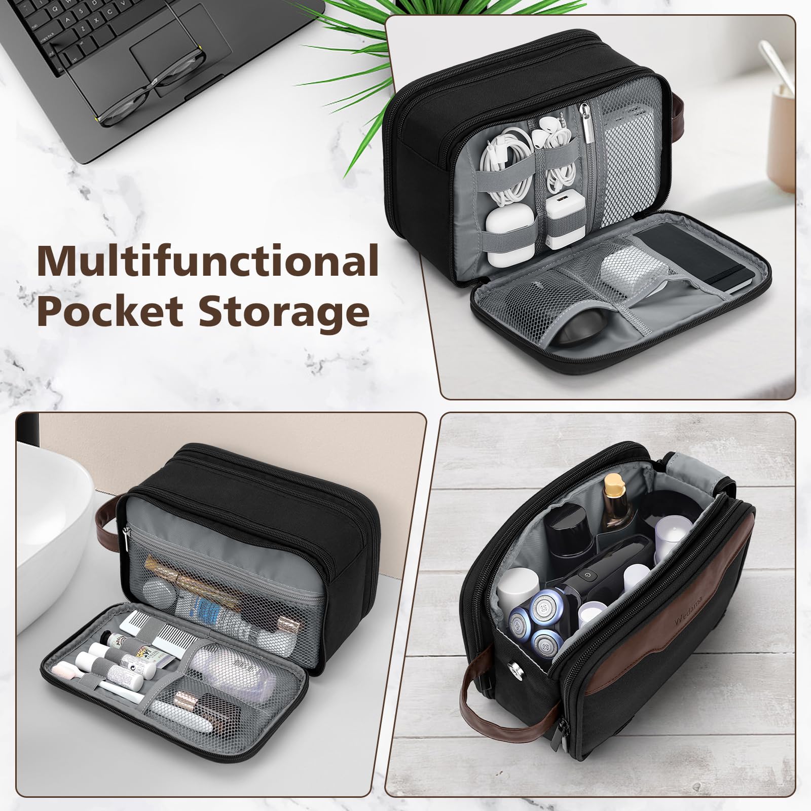 **Wedama Men's Hanging Travel Toiletry Bag - Medium Waterproof Organizer with PU Handle & Extra Electronic Pockets - Perfect for Business Trips, Camping, Swimming & Travel Accessories (Black & Brown)**