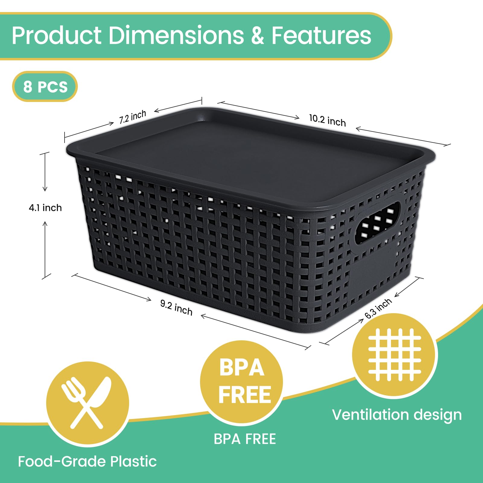Stackable Plastic Storage Baskets with Lids - 8-Pack Black Organizing Bins (10.2x7.2x4.1 Inch) for Shelves, Drawers, Closet, Office, Classroom & Playroom - Perfect for Home Organization & Space Saving
