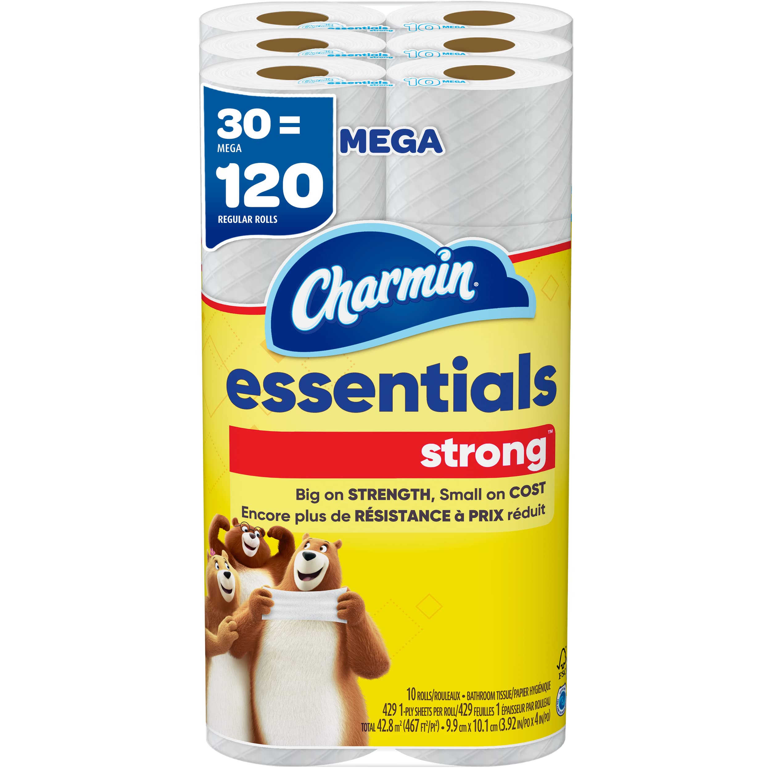 Charmin Essentials Strong Toilet Paper - 30 Mega Rolls (Equivalent to 120 Regular Rolls) | Ultra Soft & Durable Bathroom Tissue for Home, Office & Commercial Use