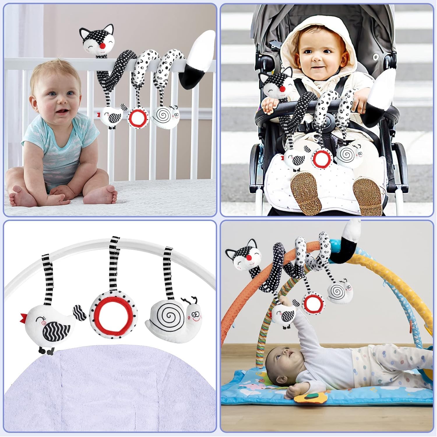 Black & White Spiral Plush Baby Toy - Stretchable Stroller & Car Seat Activity Toy with Rattle, High Contrast Sensory Toy for Newborns 0-12 Months (Fox Design) - Perfect for Crib Mobiles, Tummy Time & Early Visual Development