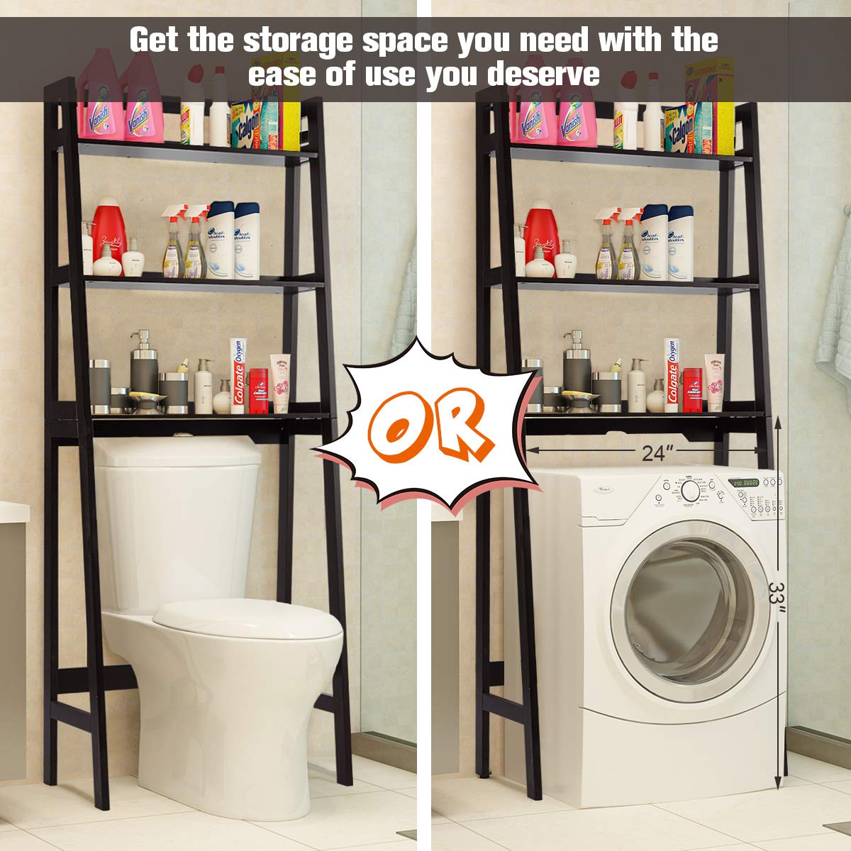 Tangkula Over The Toilet Storage Cabinet - 3-Tier Freestanding Bathroom Organizer with Adjustable Shelves, Space Saving Toilet Rack for Bath Towels, Toiletries & Decor (Brown) - Perfect for Small Bathrooms, Apartments & Powder Rooms