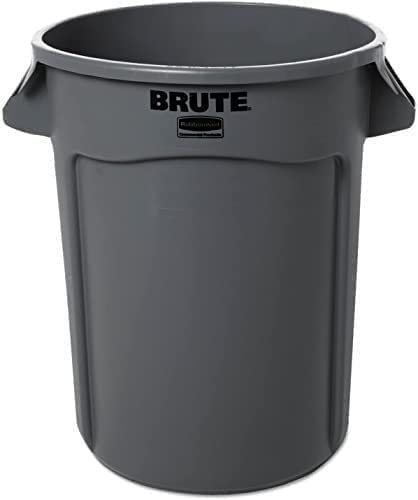 Rubbermaid Commercial 263200GY 32 Gallon Gray Round Brute Plastic Trash Can - Heavy Duty Waste Container for Kitchen, Office, Restaurant & Outdoor Use (2-Pack)