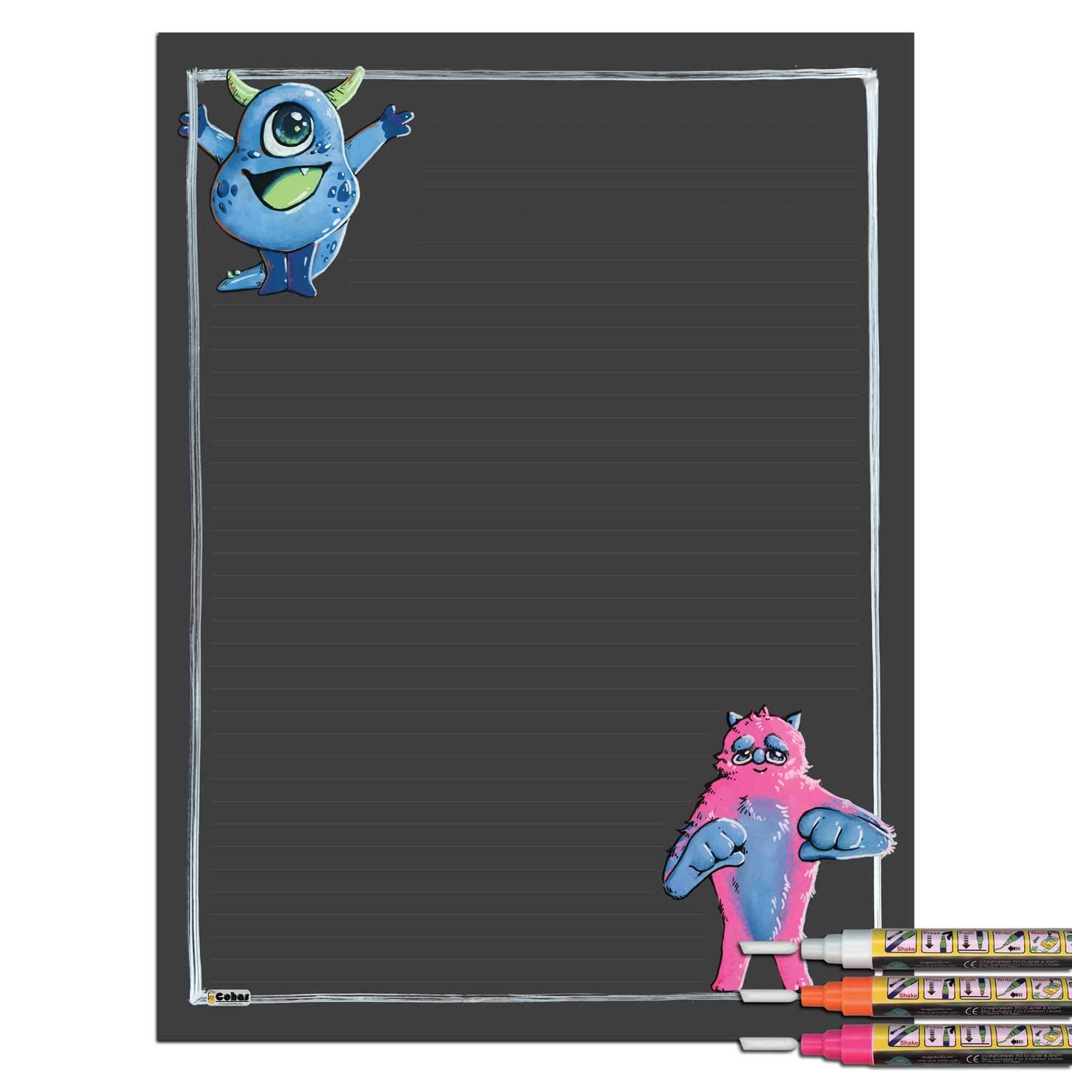 Monster Theme Magnetic Chalkboard with 3 Liquid Chalk Markers - 12x16 Inch Magnetic Dry Erase Board for Kids, Includes Pink Blue Green Chalk Art - Perfect for Classroom, Home Schooling & Kids Room Decor