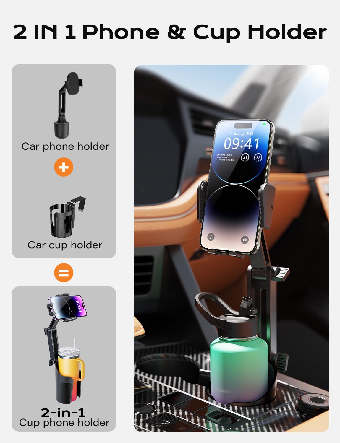 2-in-1 Car Cup Holder and Phone Mount - Adjustable Height, Sturdy Grip for 4-7 Inch Phones, Compatible with Most Beverage Bottles | Perfect for Road Trips, Commuting, and Hands-Free Navigation