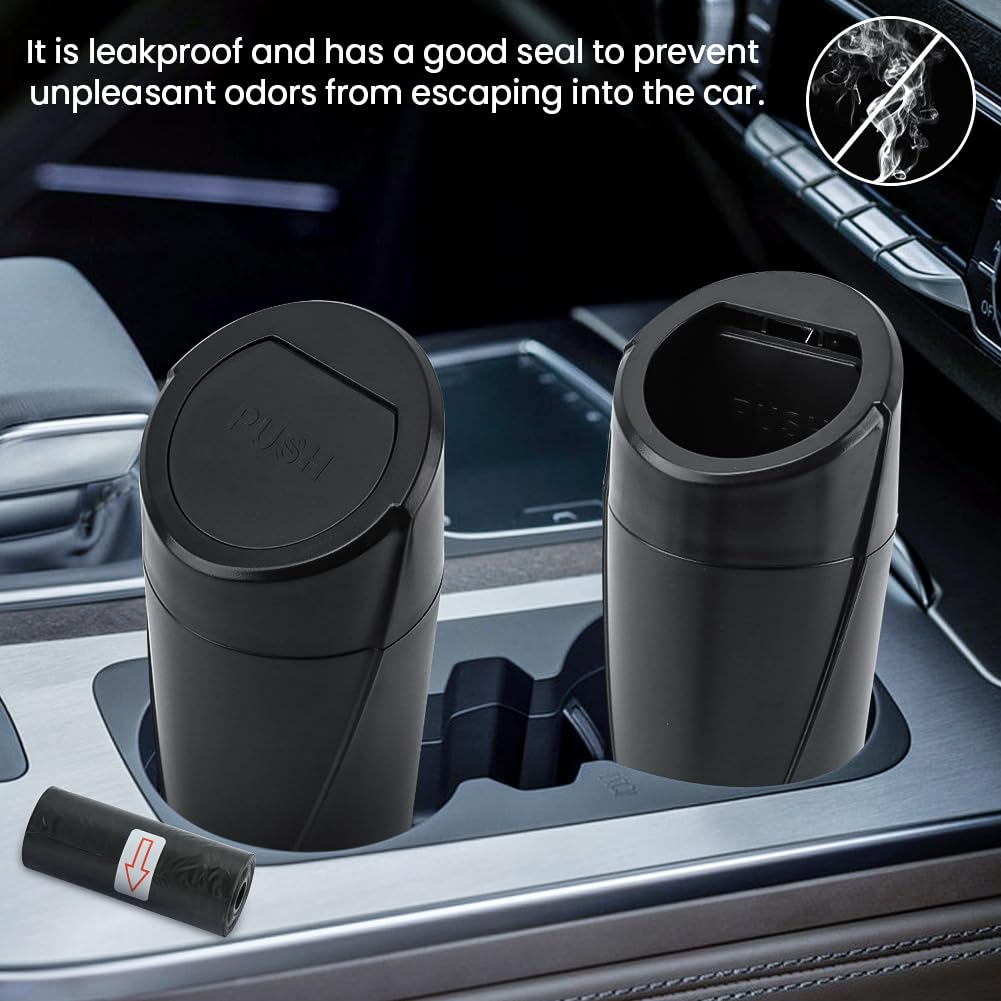 2 Pack Car Trash Can with Lid - Leakproof Mini Vehicle Garbage Bin for Cup Holder | Includes 60 Trash Bags | Car Organizer for Front & Back Seats (Black) | Perfect for Road Trips, Commuting & Family Travel