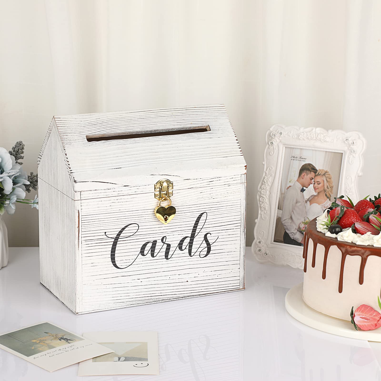 SUMNACON Vintage Wooden Wedding Card Box with Heart Lock - Rustic Roof Design for Birthday, Anniversary & Reception - Elegant Gift & Envelope Holder for Wedding Parties, Bridal Showers & Special Events (White)