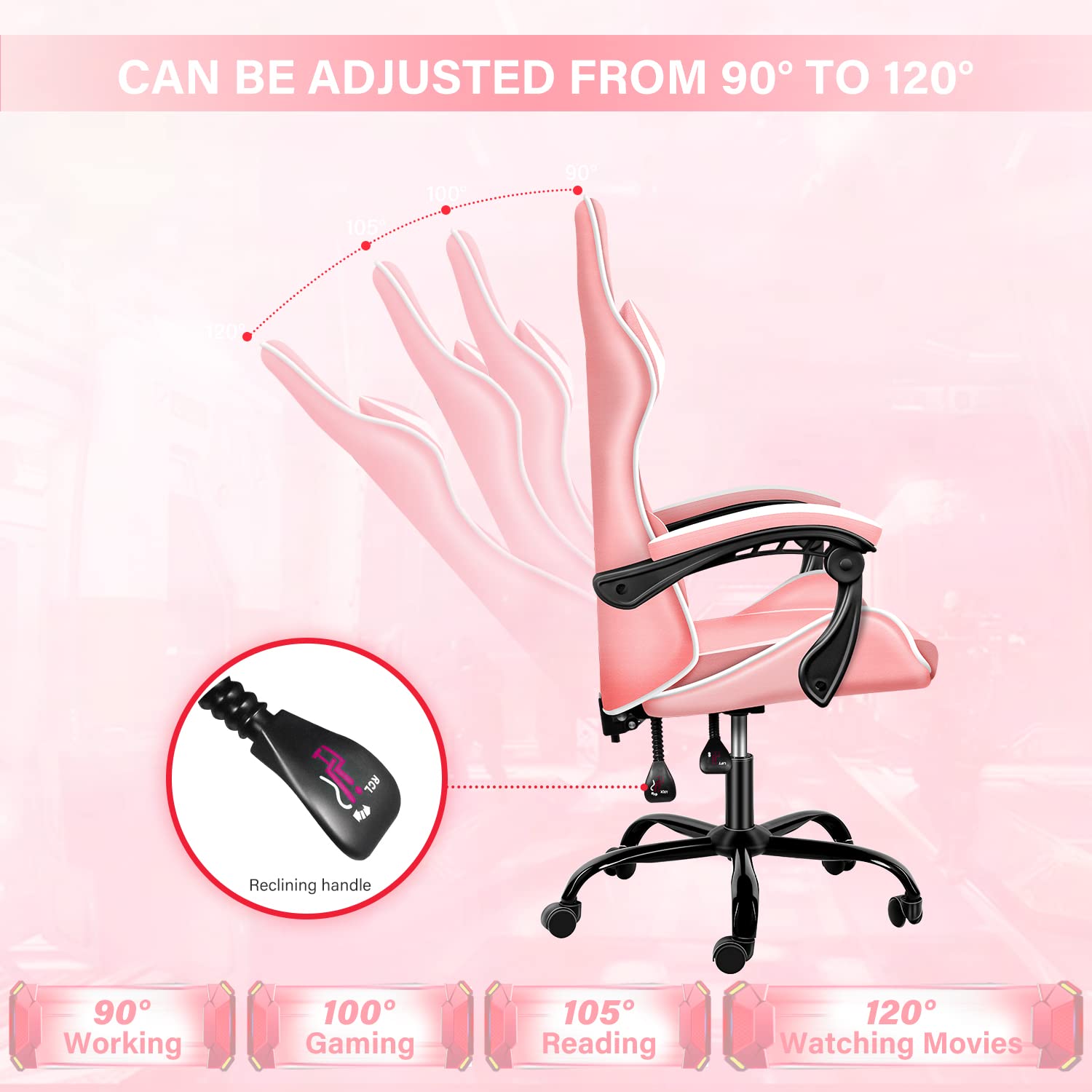 Pink Gaming Chair for Big and Tall Gamers - Racing Style Ergonomic Office Chair with Adjustable Height, Swivel, Headrest & Lumbar Support - Perfect for PC Gaming, Streaming & Home Office Setup