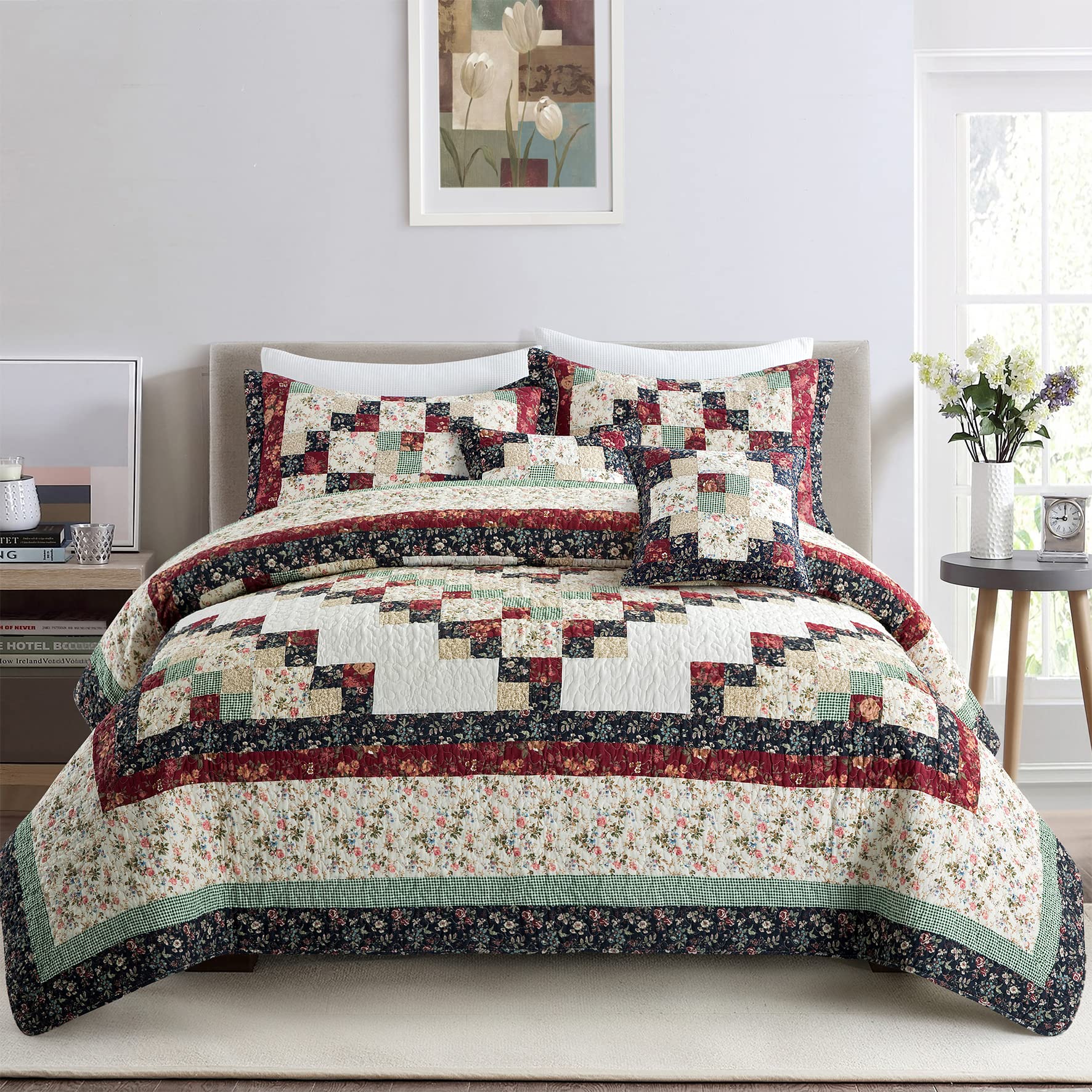 L'IRISDOM Bohemian Patchwork Bedspread Set - 100% Cotton Vintage Floral Quilt with 2 Shams, King Size (3-Piece) | Perfect for Boho Chic Bedroom Decor, Guest Room, and Cozy Farmhouse Style